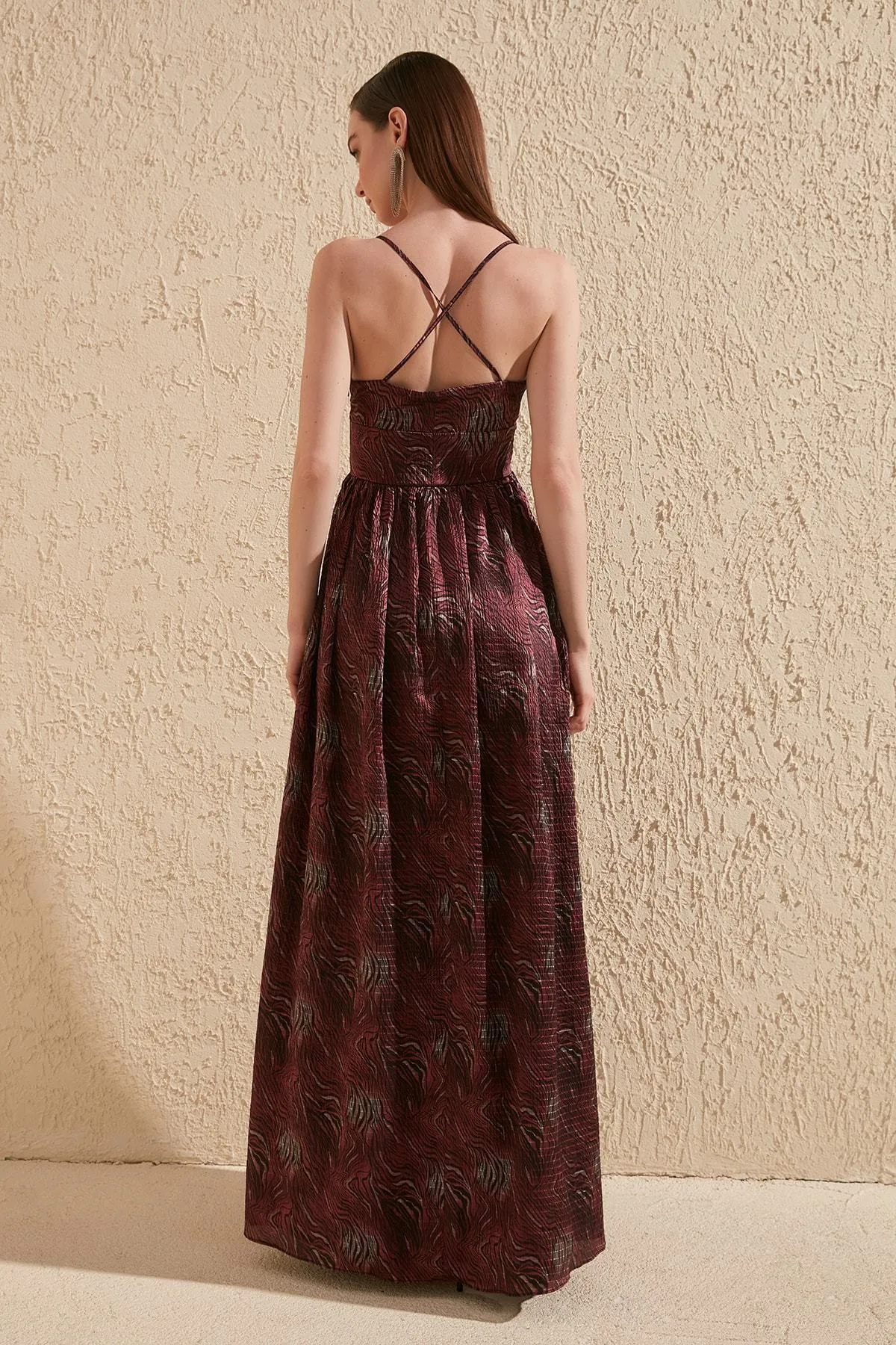 16446 Bordeaux Self Patterned Strap Dress