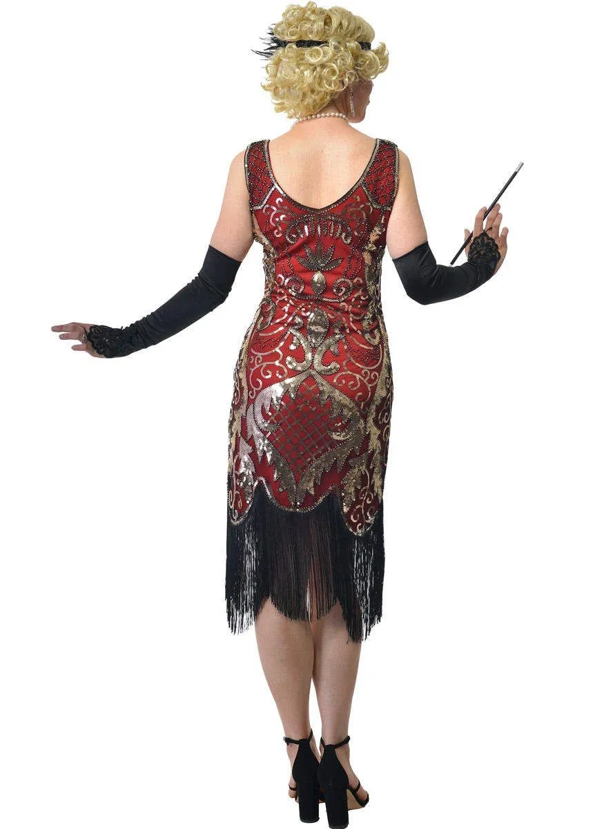 1920s Plus Size Womens Red and Gold Sequin Flapper Dress