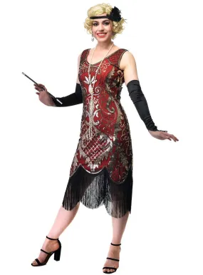 1920s Plus Size Womens Red and Gold Sequin Flapper Dress