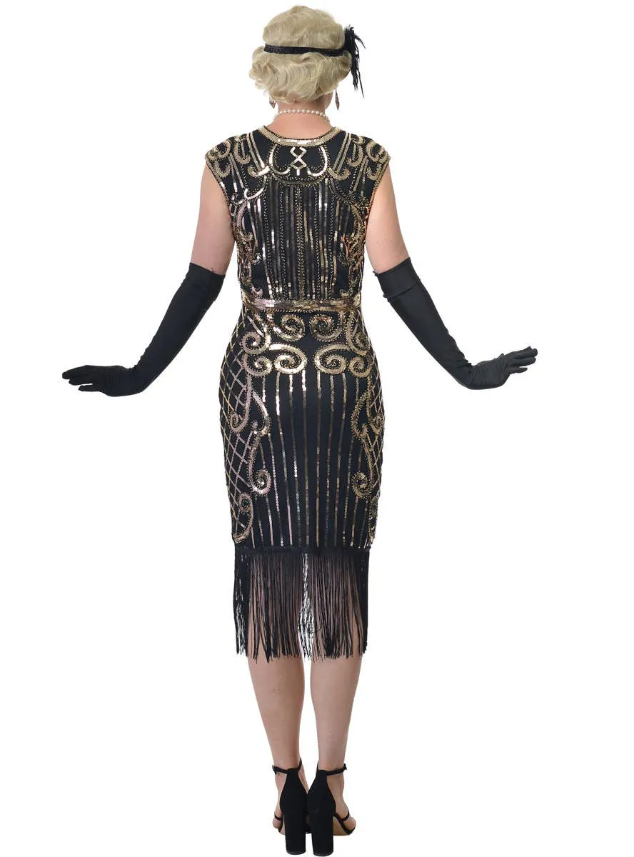 1920s Womens Long Black Flapper Dress with Gold Sequins