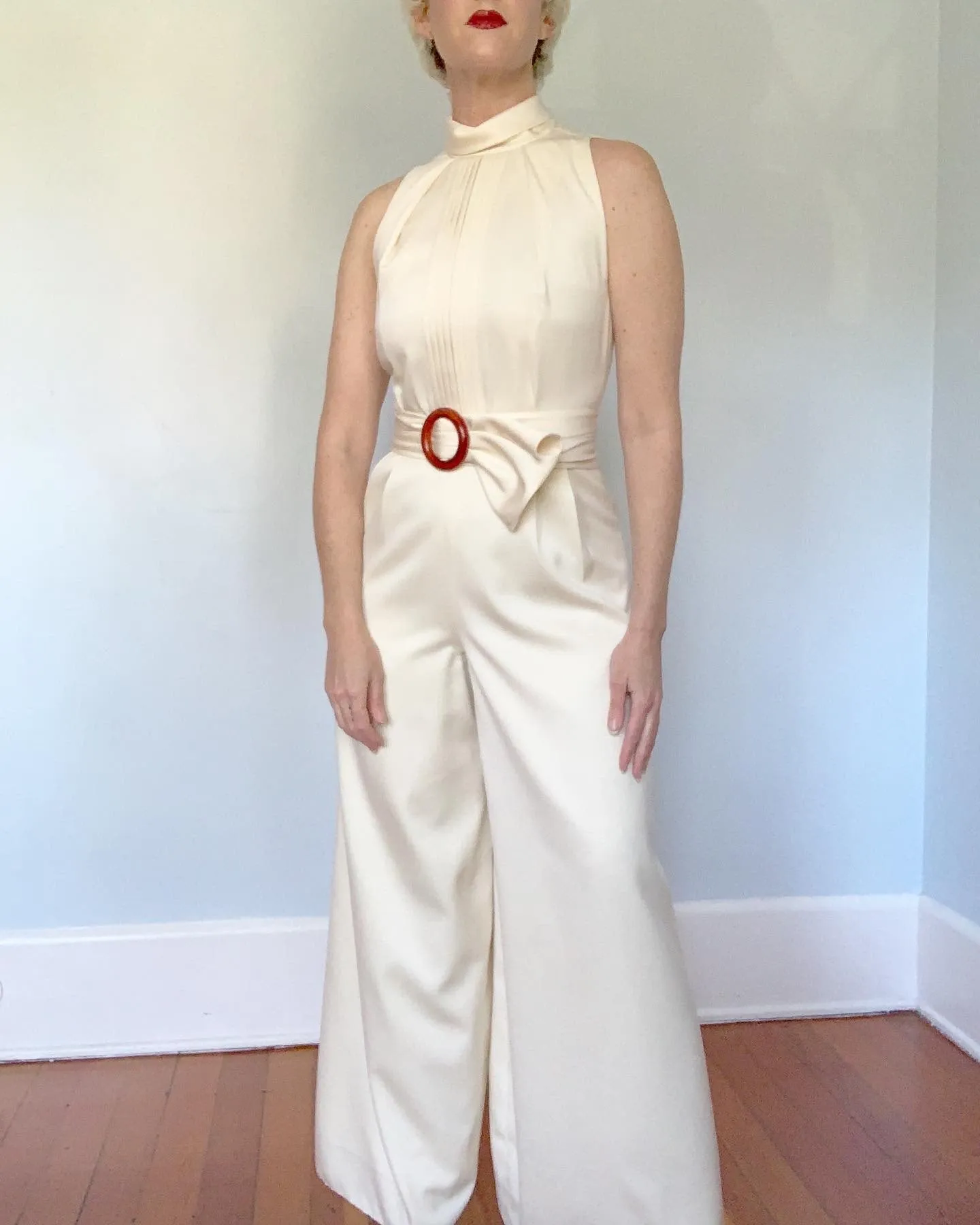 1960s Matte Cream Satin Wide Leg Tuxedo Jumpsuit with Wide Sash Belt by "Richmond Garden" for "Saks Fifth Avenue"