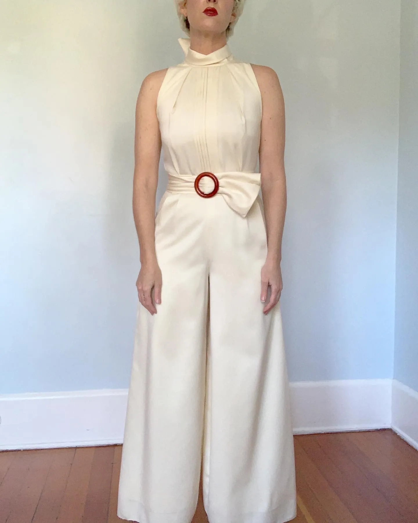 1960s Matte Cream Satin Wide Leg Tuxedo Jumpsuit with Wide Sash Belt by "Richmond Garden" for "Saks Fifth Avenue"