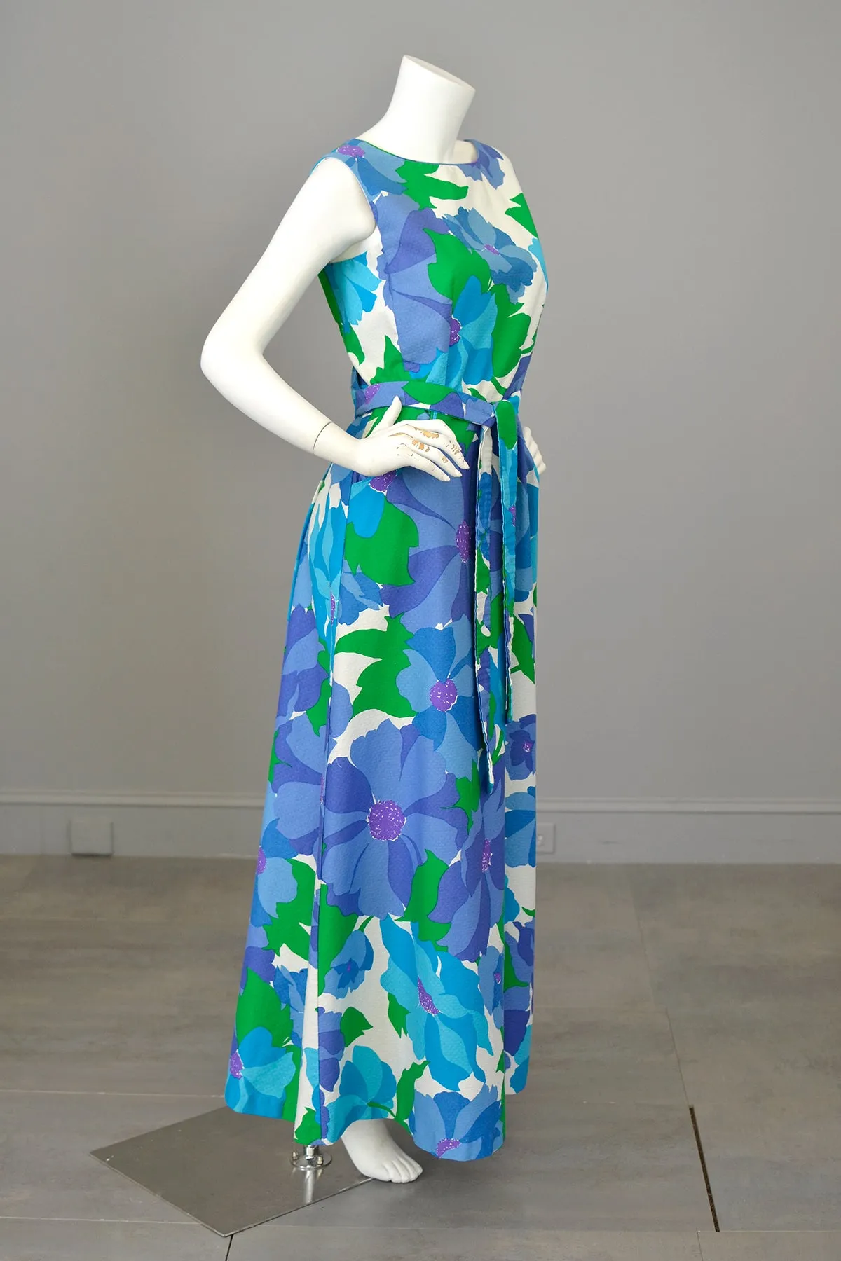 1970s Malia Honolulu Purple Blue Green Hawaiian Floral Print Wrap Around Maxi Dress with pockets