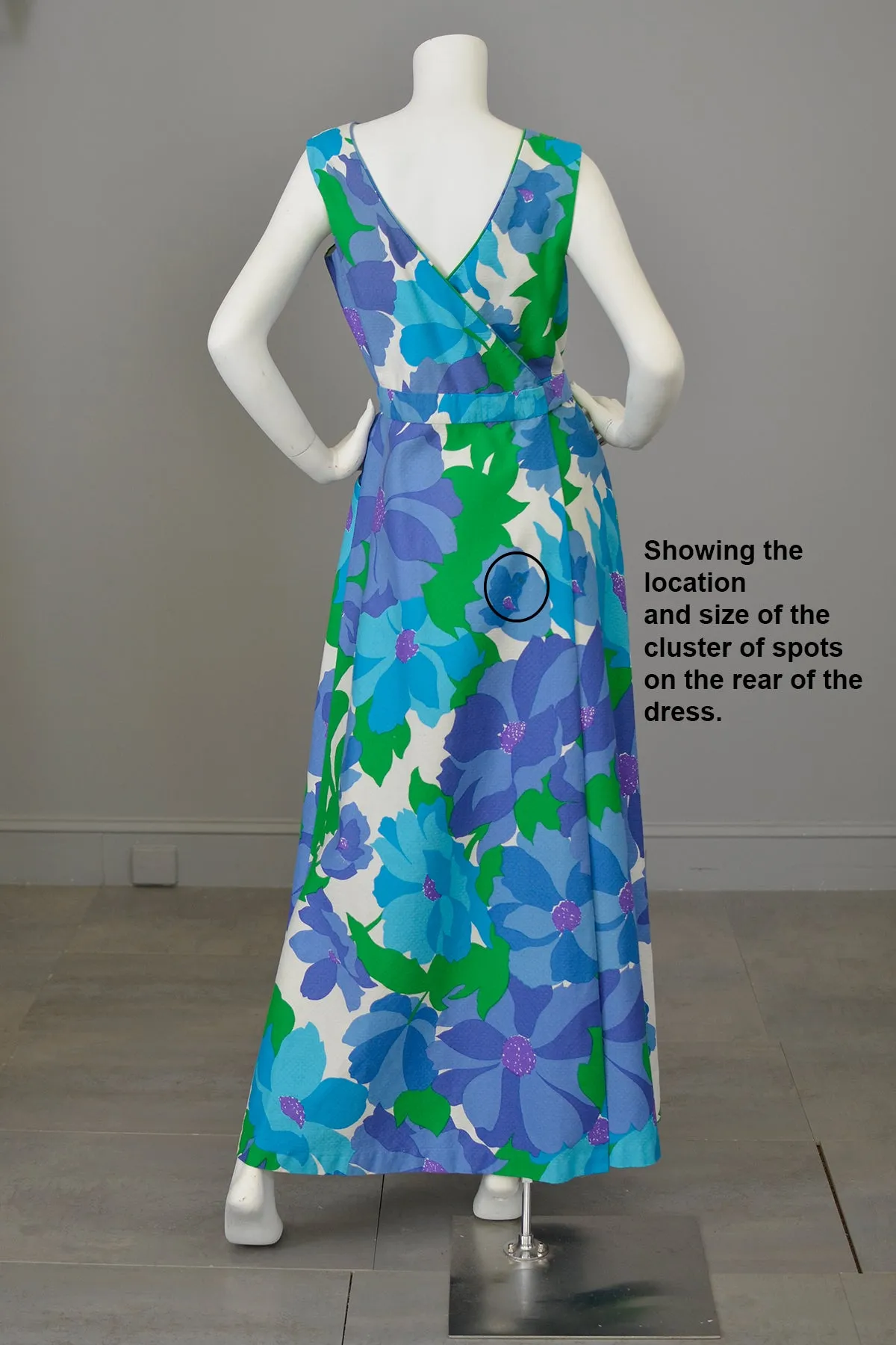 1970s Malia Honolulu Purple Blue Green Hawaiian Floral Print Wrap Around Maxi Dress with pockets