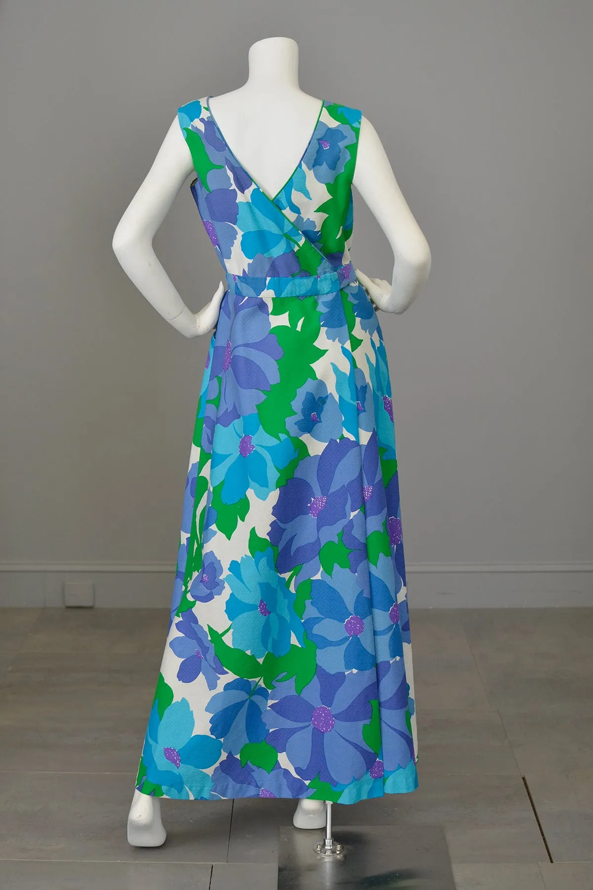 1970s Malia Honolulu Purple Blue Green Hawaiian Floral Print Wrap Around Maxi Dress with pockets