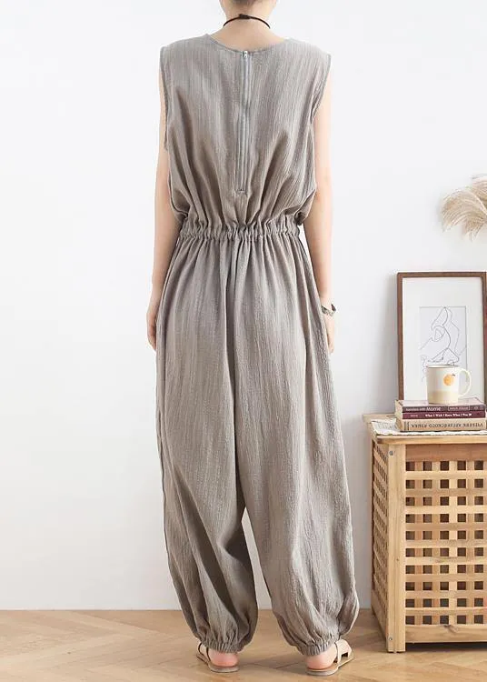 2021 lace-up waist light gray wide leg jumpsuit female summer cotton and linen jumpsuit