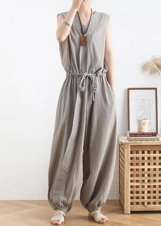 2021 lace-up waist light gray wide leg jumpsuit female summer cotton and linen jumpsuit