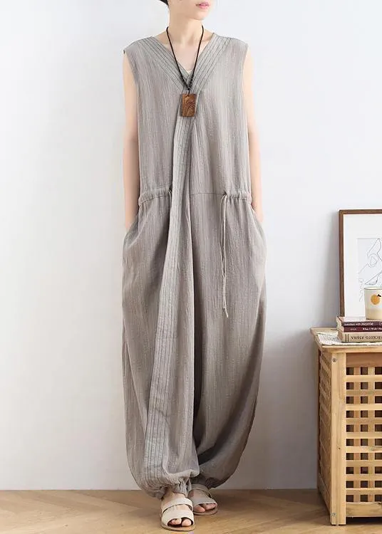 2021 lace-up waist light gray wide leg jumpsuit female summer cotton and linen jumpsuit