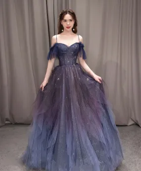 A-line Dark Purple Tulle Long Prom Dress, Purple Formal Party Dresses