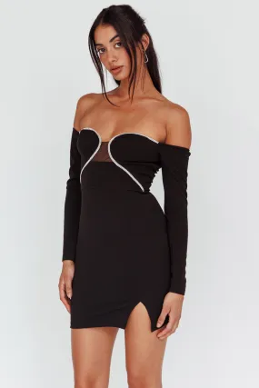 A-List Diamante Trim Long Sleeve Mini Dress Black