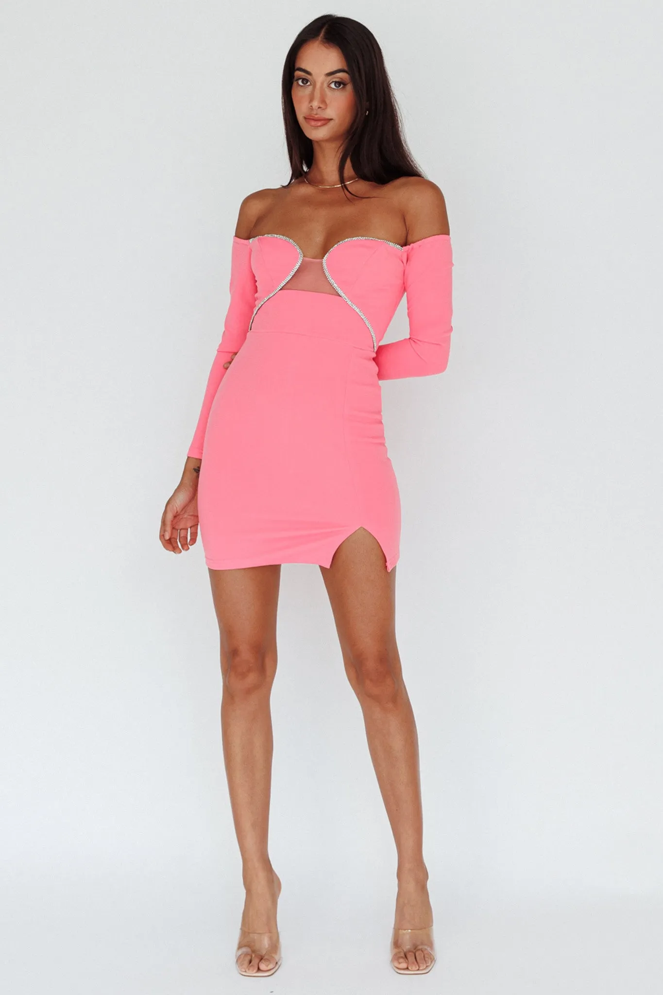 A-List Diamante Trim Long Sleeve Mini Dress Hot Pink