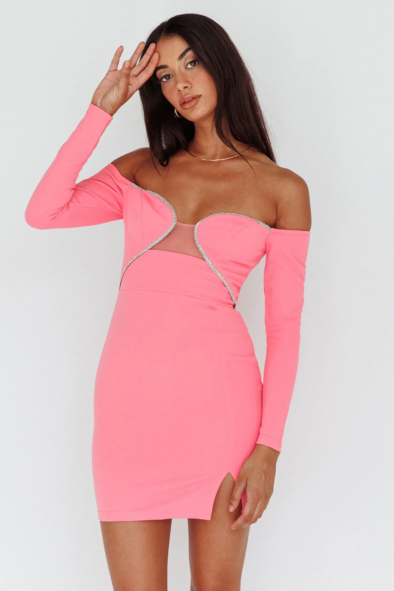 A-List Diamante Trim Long Sleeve Mini Dress Hot Pink