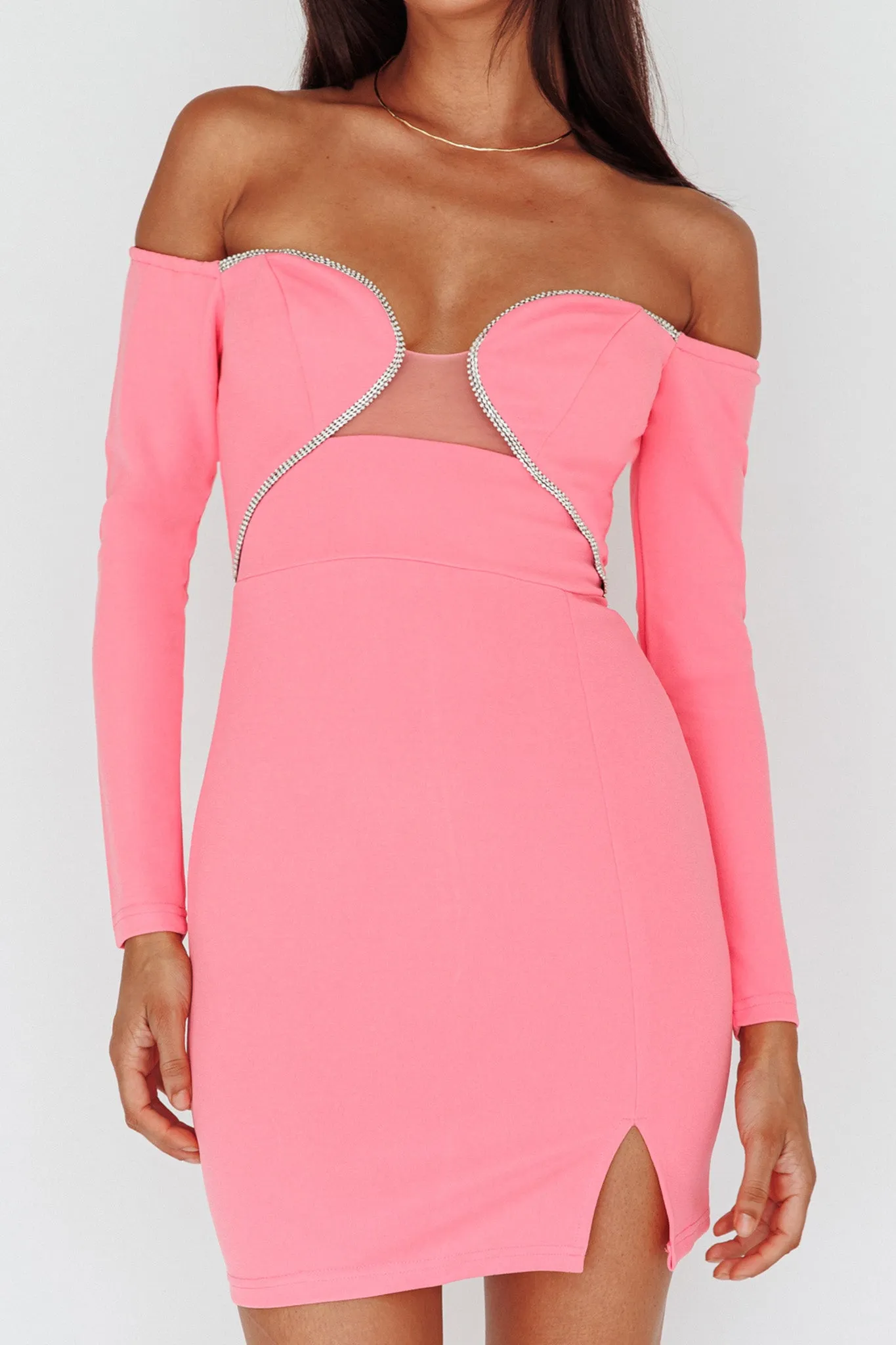 A-List Diamante Trim Long Sleeve Mini Dress Hot Pink