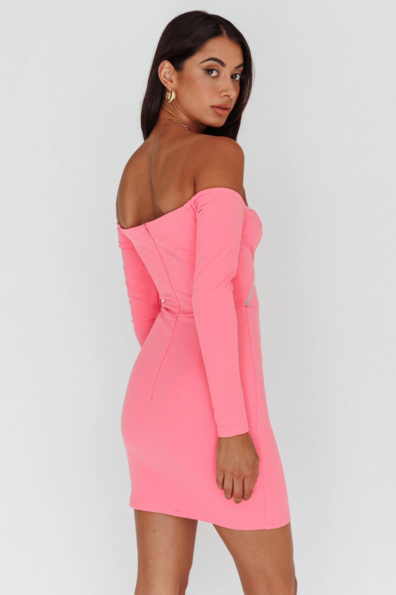 A-List Diamante Trim Long Sleeve Mini Dress Hot Pink