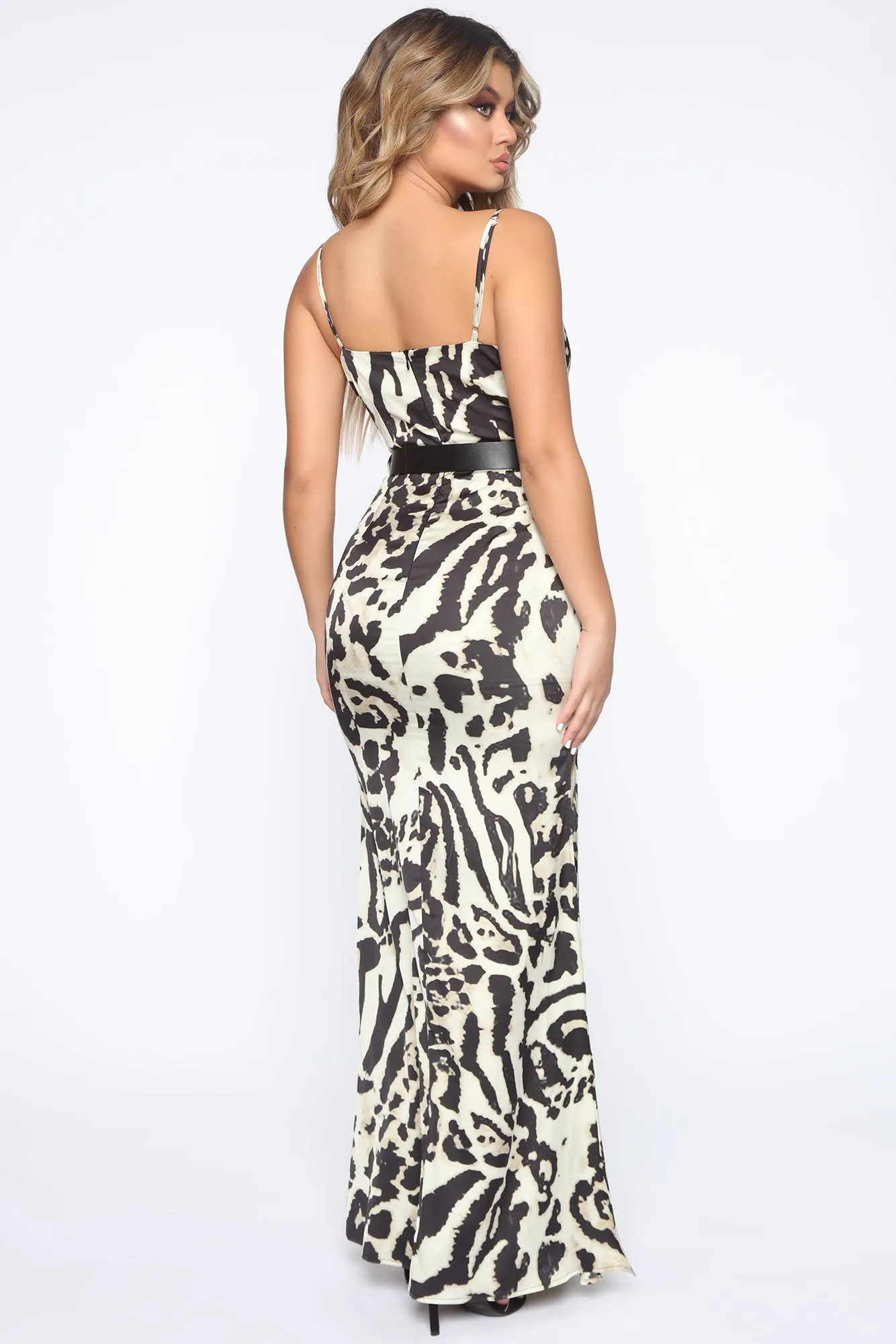 A Little Catty Satin Maxi Dress - Ivory/Black