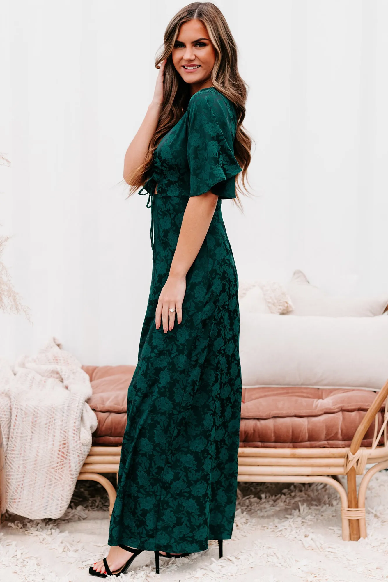 Always Celebrating Ruched Front Floral Maxi Dress (Dark Green)