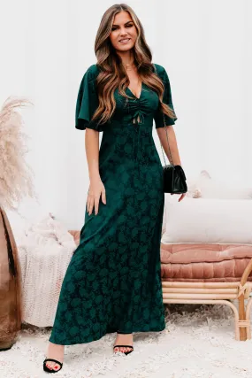 Always Celebrating Ruched Front Floral Maxi Dress (Dark Green)