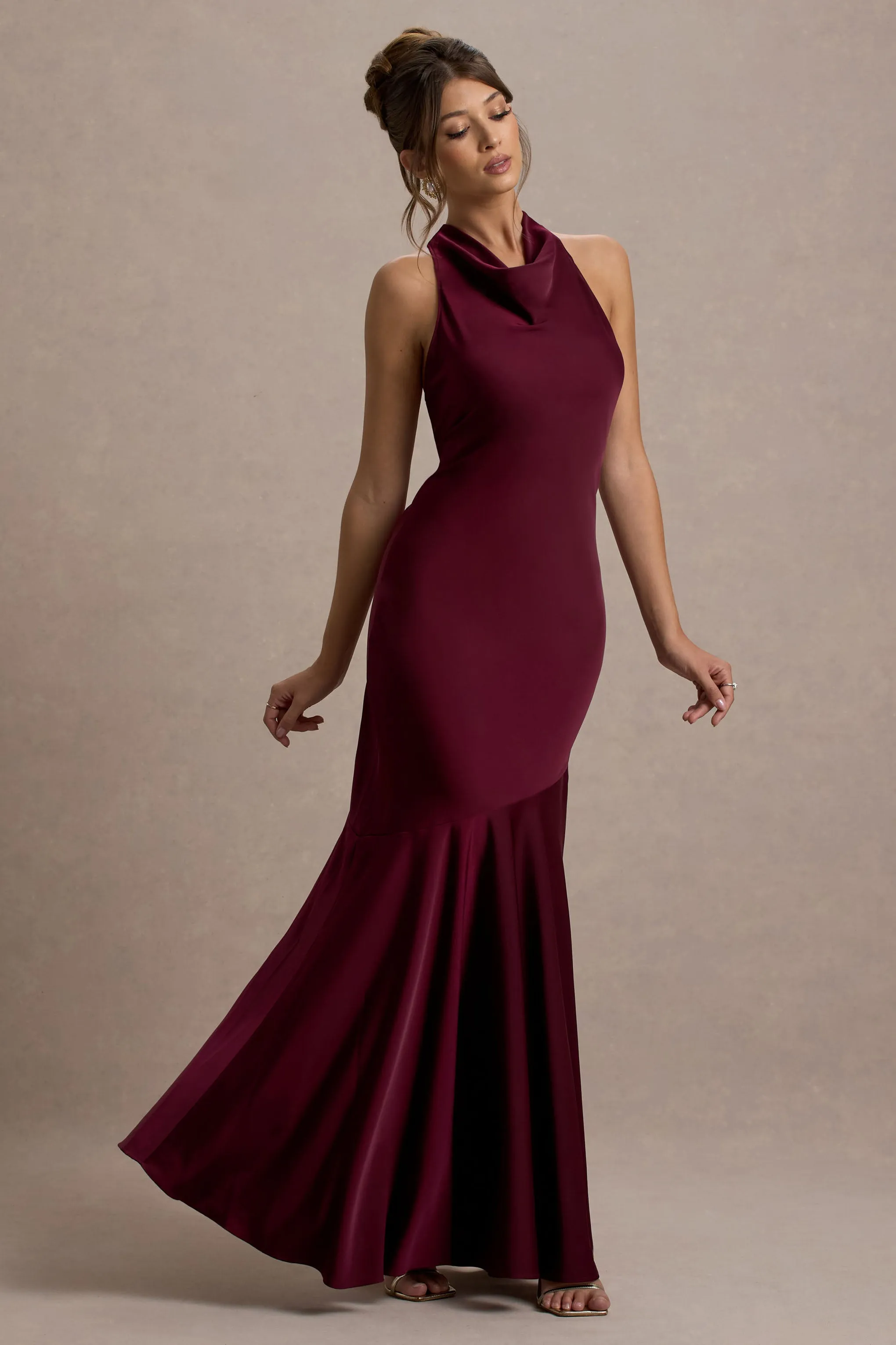 Amelita | Port Satin Cowl-Neck Fishtail Maxi Dress