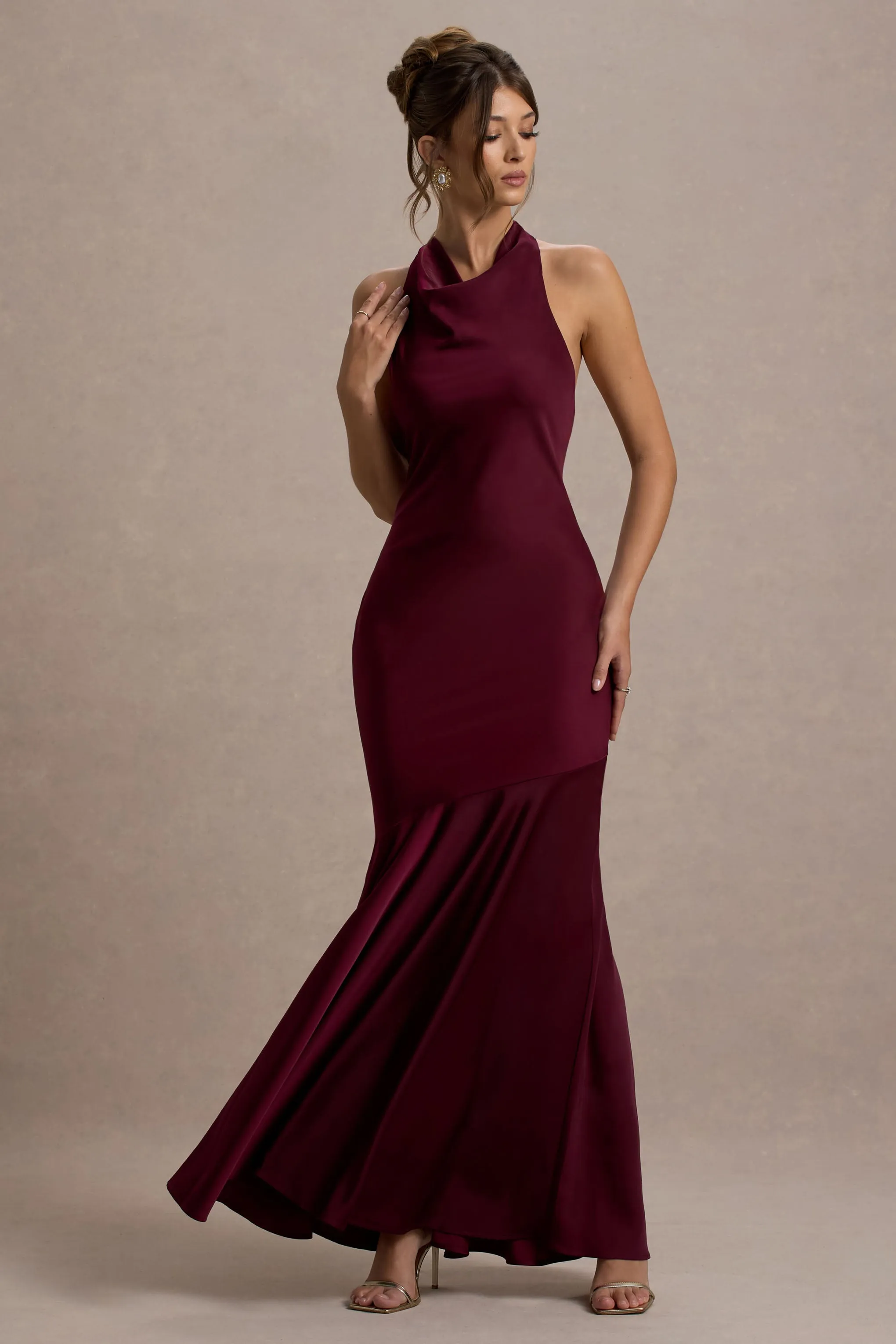 Amelita | Port Satin Cowl-Neck Fishtail Maxi Dress