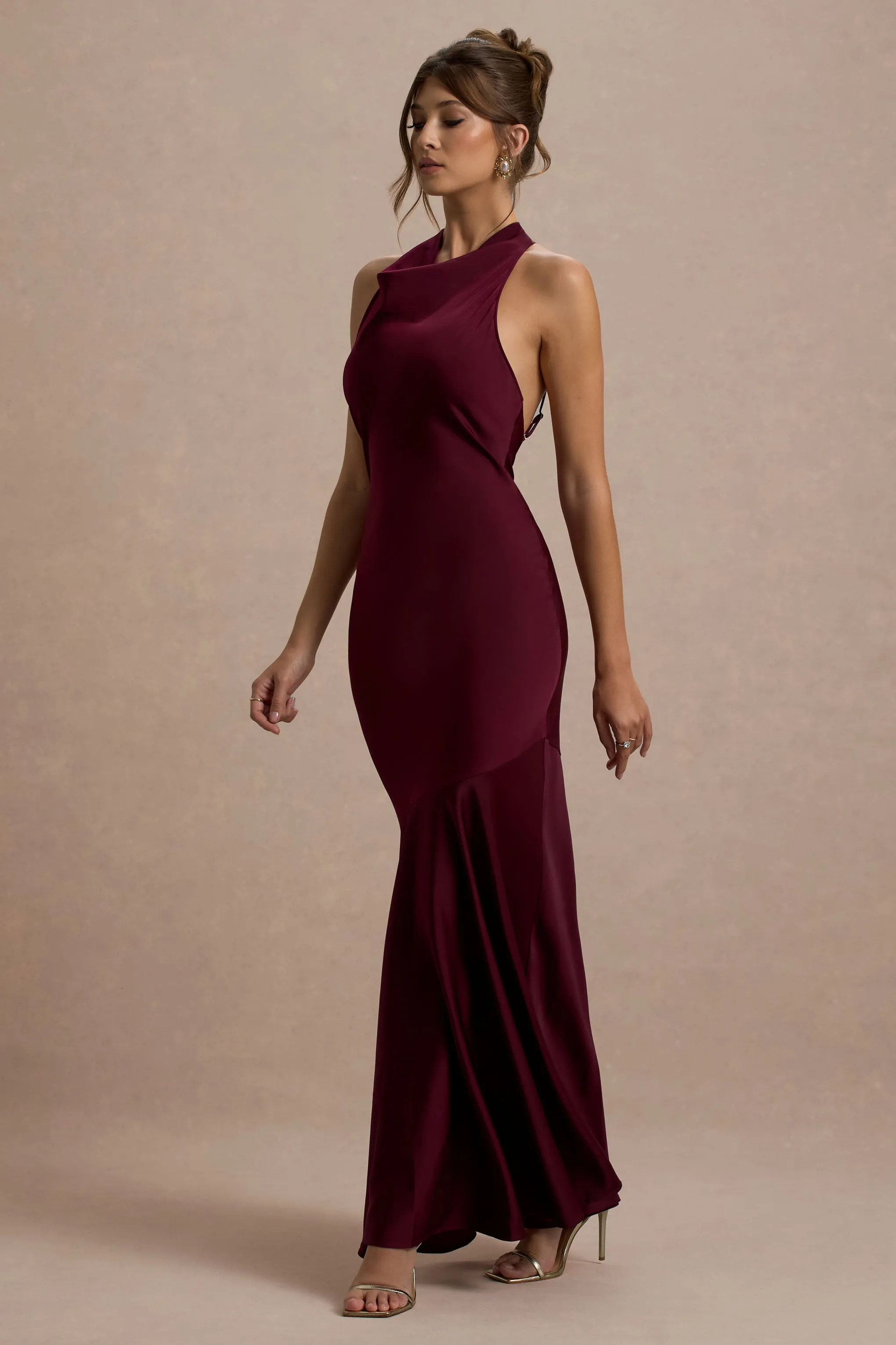 Amelita | Port Satin Cowl-Neck Fishtail Maxi Dress