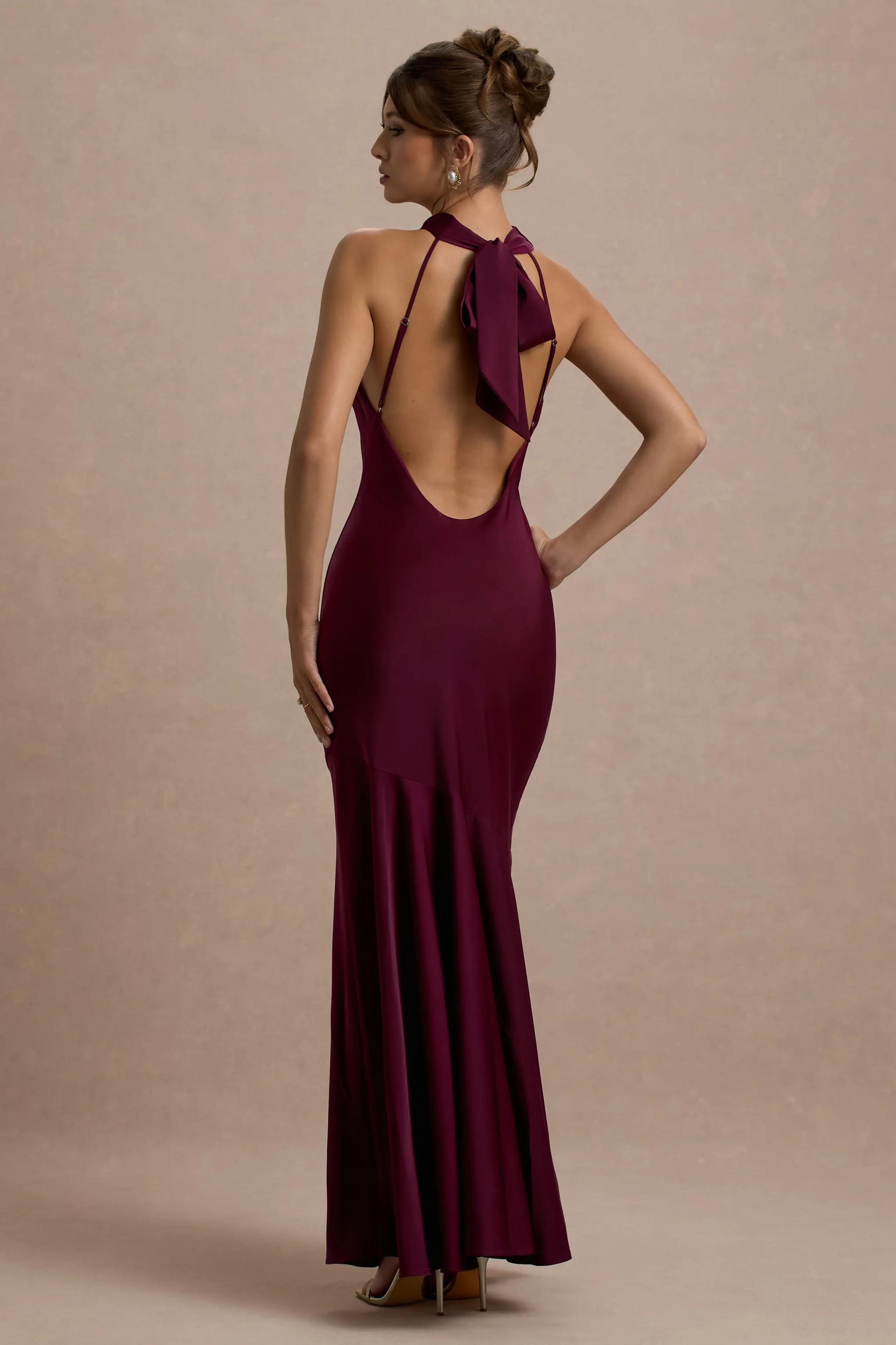 Amelita | Port Satin Cowl-Neck Fishtail Maxi Dress