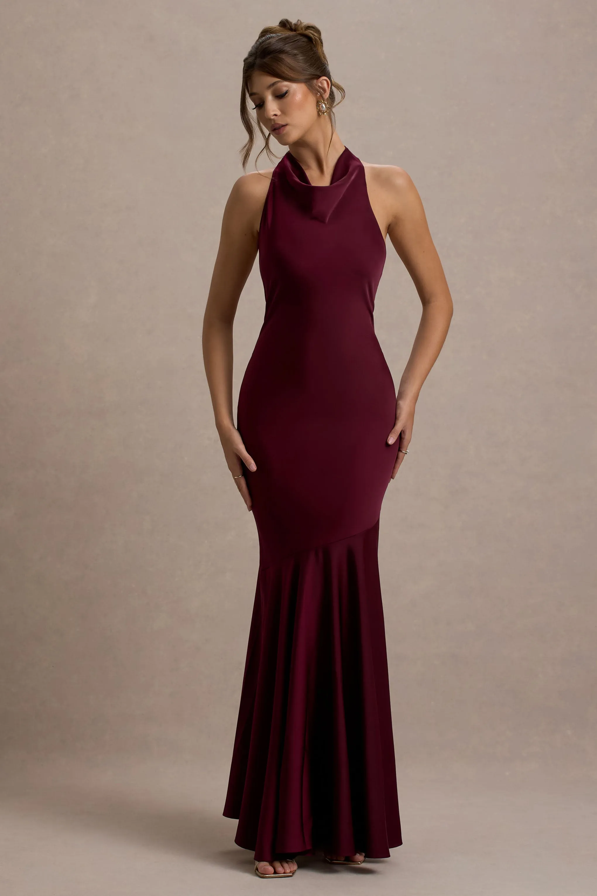 Amelita | Port Satin Cowl-Neck Fishtail Maxi Dress