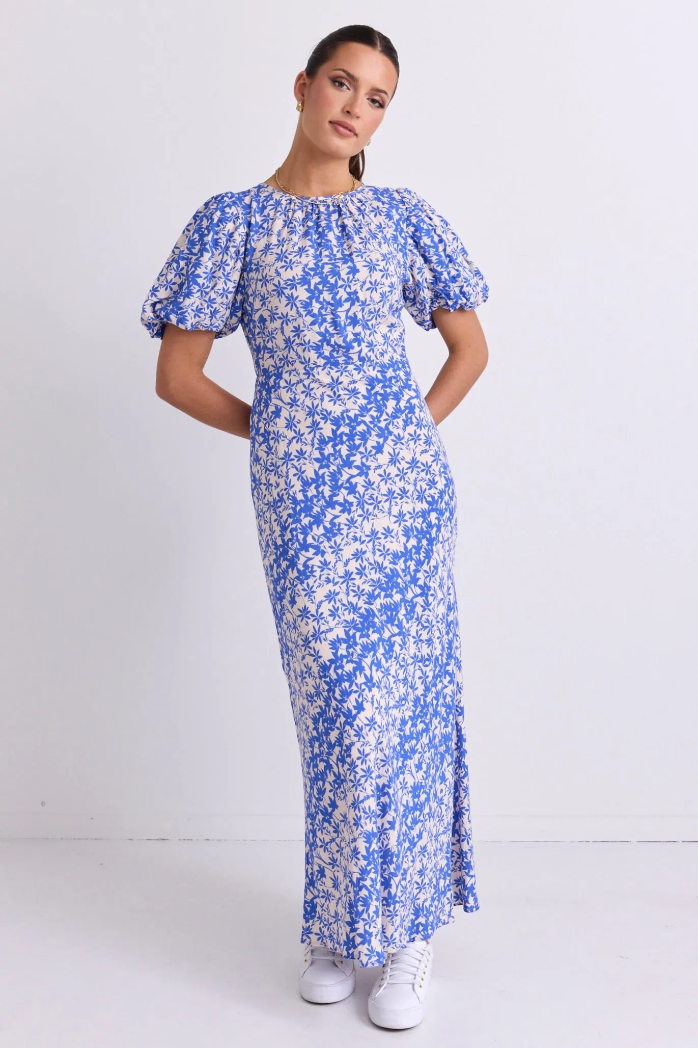 Astrid Blue Floral Puff Sleeve Bias Maxi Dress