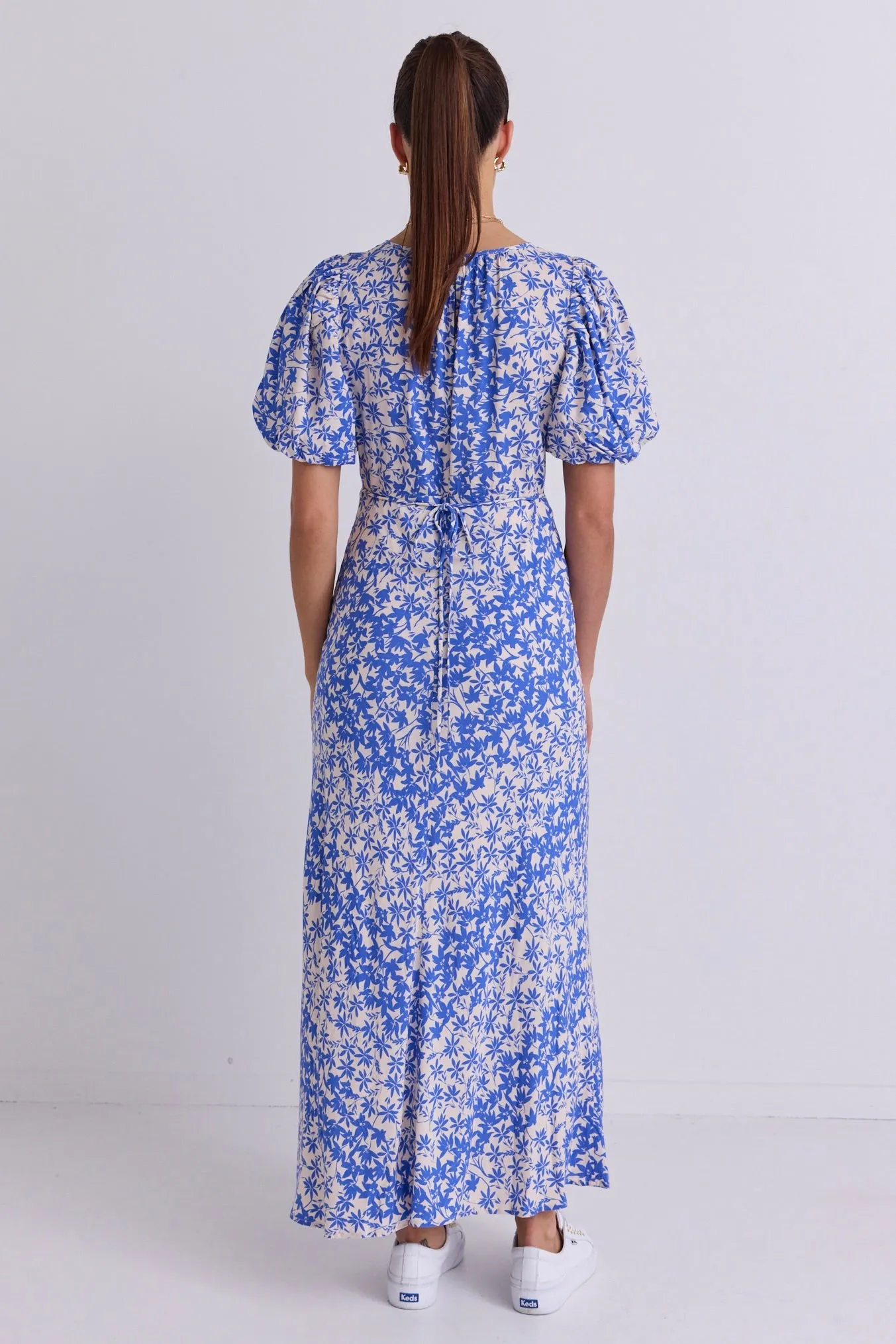 Astrid Blue Floral Puff Sleeve Bias Maxi Dress