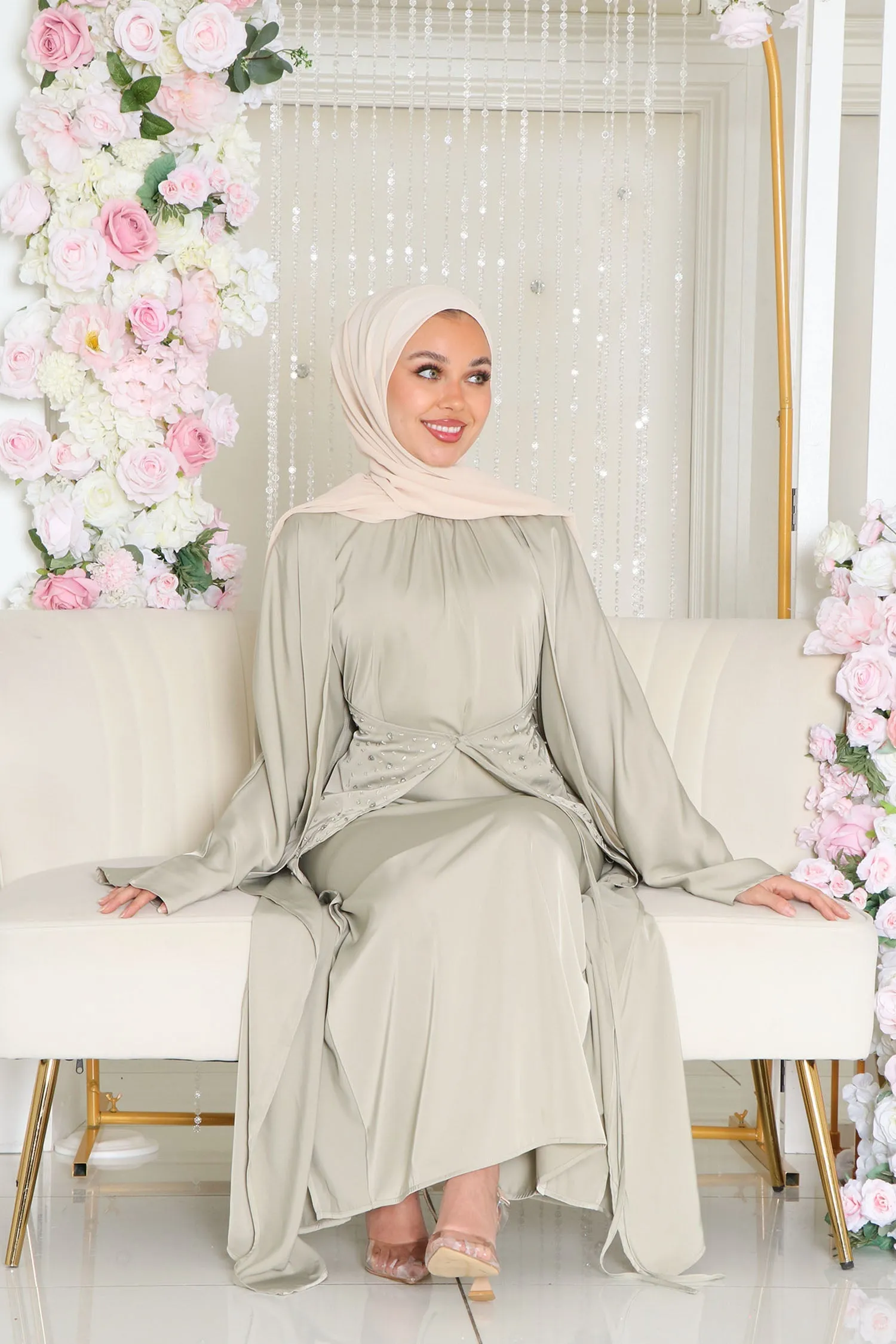 Aurora Beaded Tie Abaya Set- Light Sage