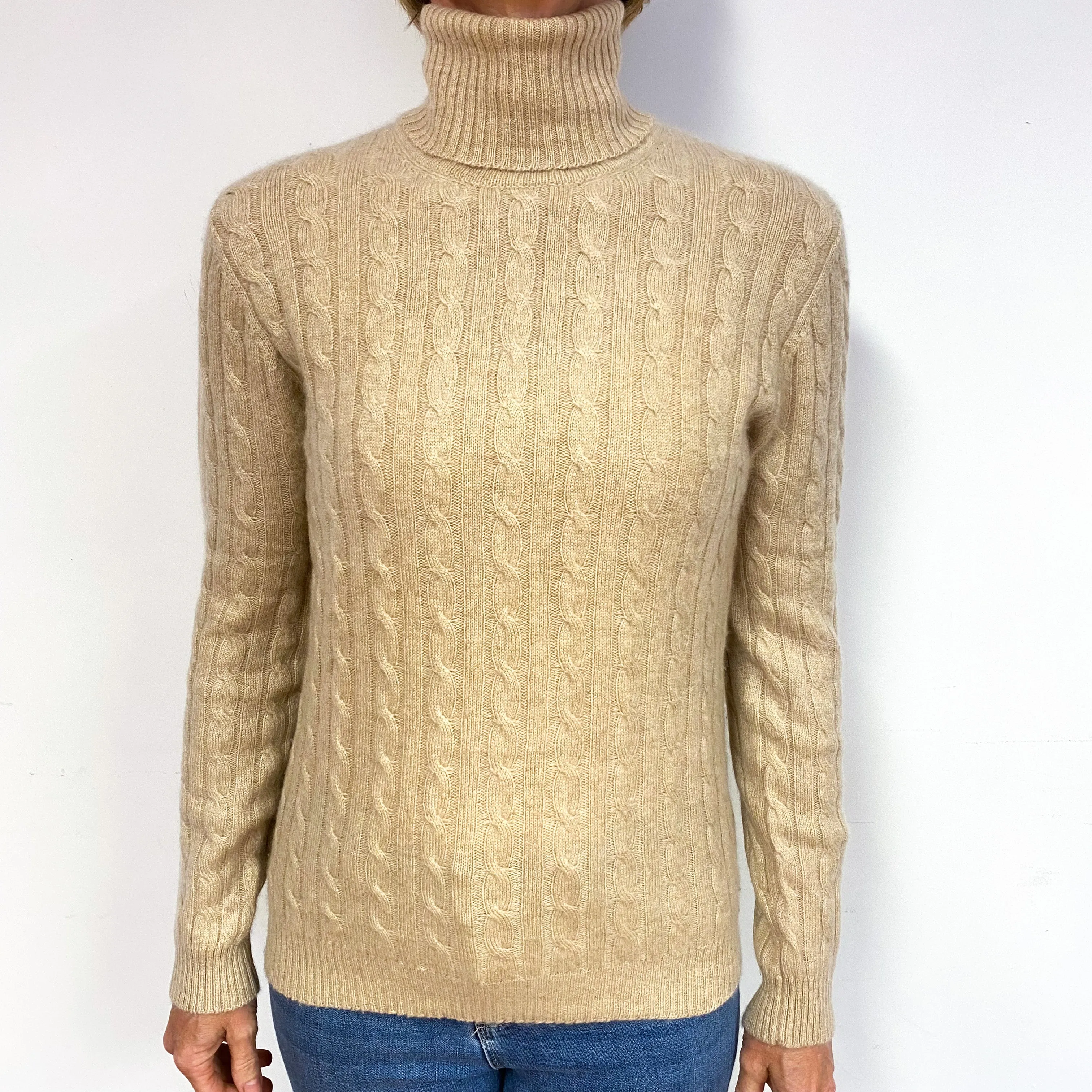 Beige Cable Cashmere Polo Neck Jumper Medium