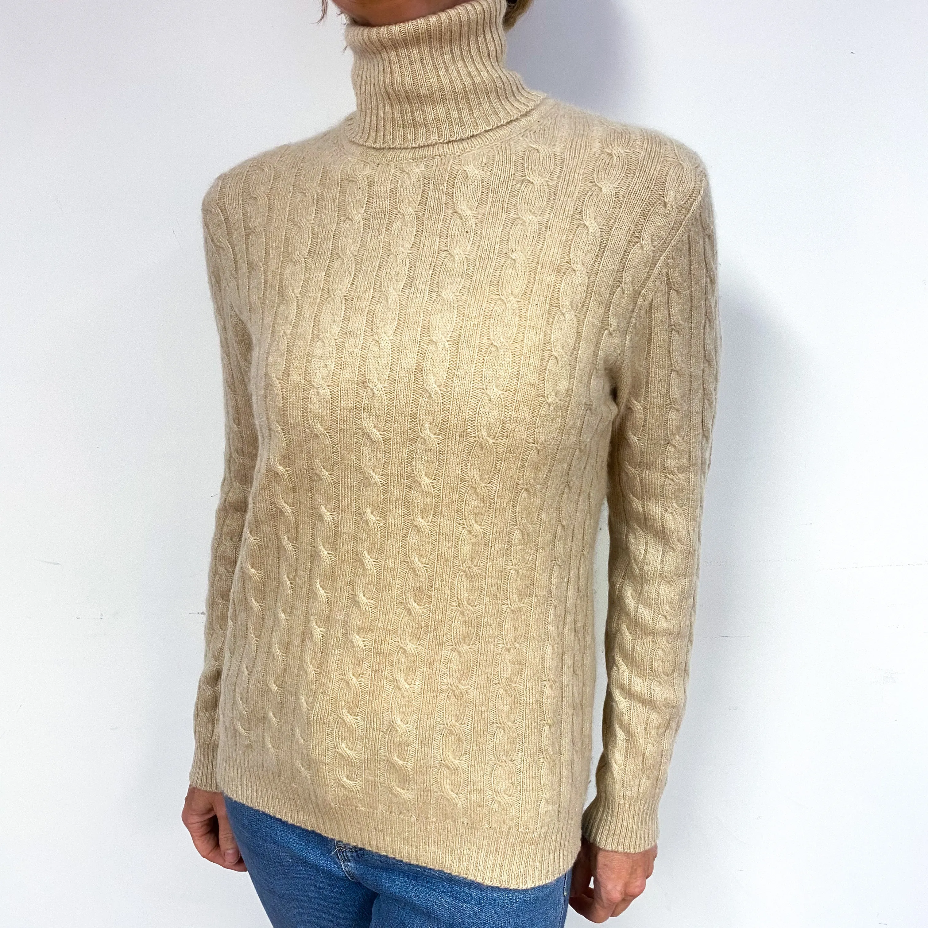 Beige Cable Cashmere Polo Neck Jumper Medium