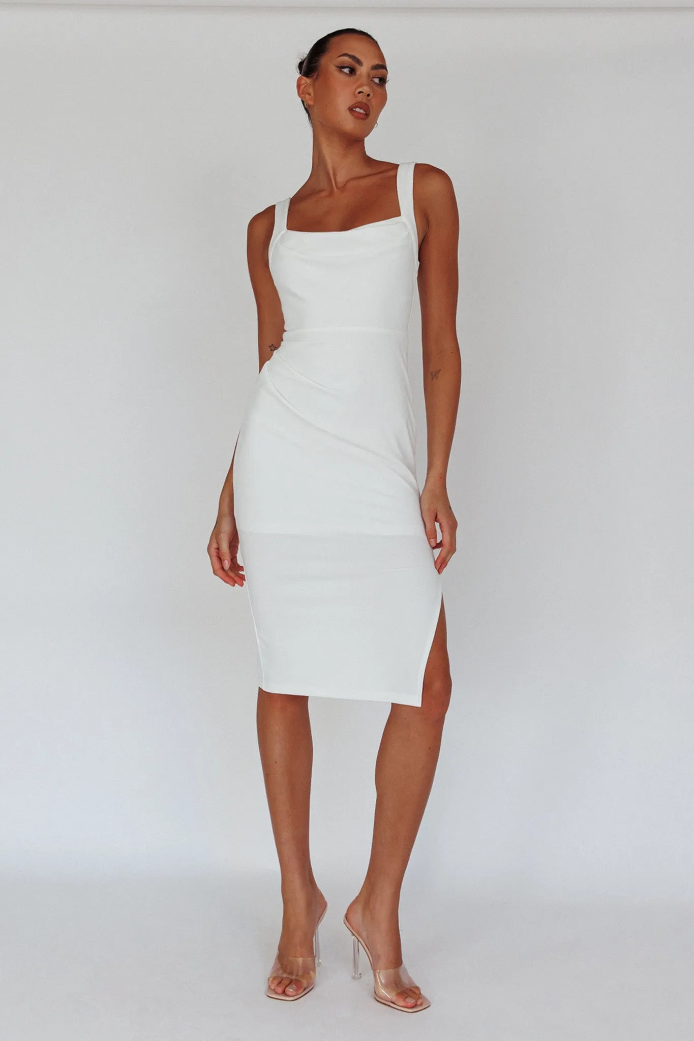 Bella Vista Cowl Neckline Thick Strap Knee Length Dress White