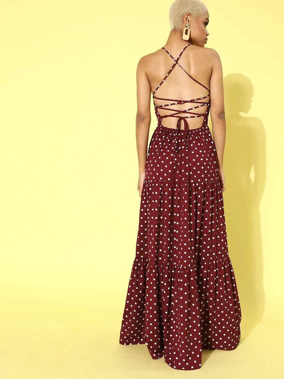 Berrylush Women Maroon Polka Dot Printed Backless Crepe Maxi Dress