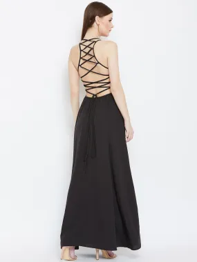 Berrylush Women Solid Black Square Neck Caged Back Tie-Up Flared Maxi Dress