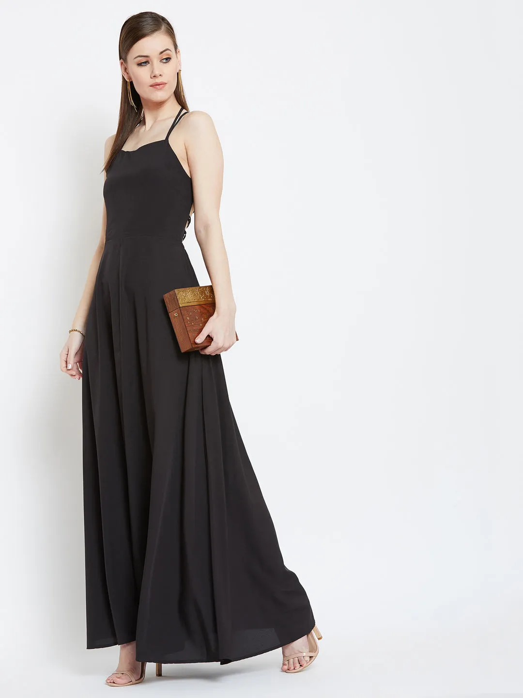 Berrylush Women Solid Black Square Neck Caged Back Tie-Up Flared Maxi Dress