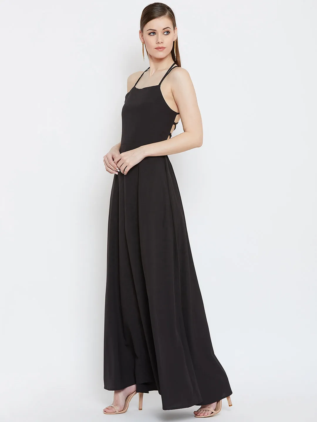 Berrylush Women Solid Black Square Neck Caged Back Tie-Up Flared Maxi Dress