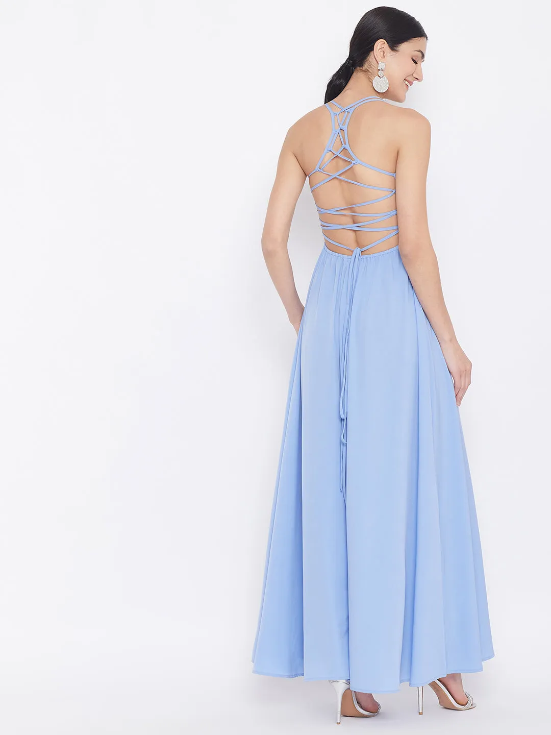 Berrylush Women Solid Blue Square Neck Tie-Up Caged Back Flared Maxi Dress