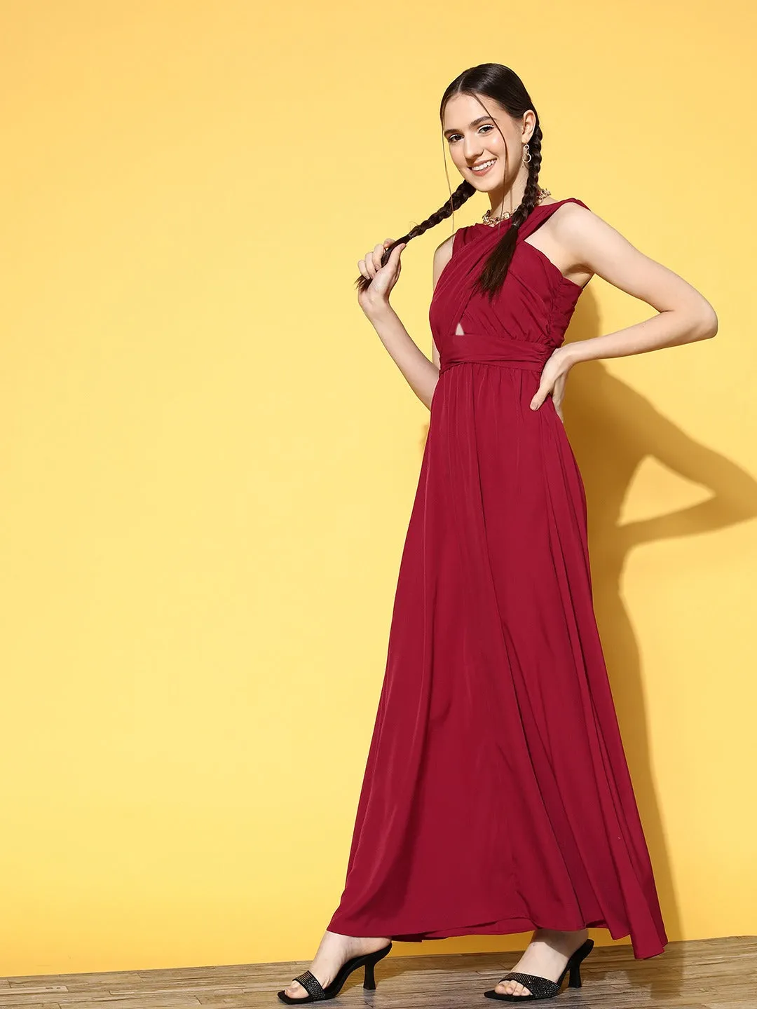 Berrylush Women Solid Red V-Neck Criss-Cross Front Crepe Flared A-Line Maxi Dress