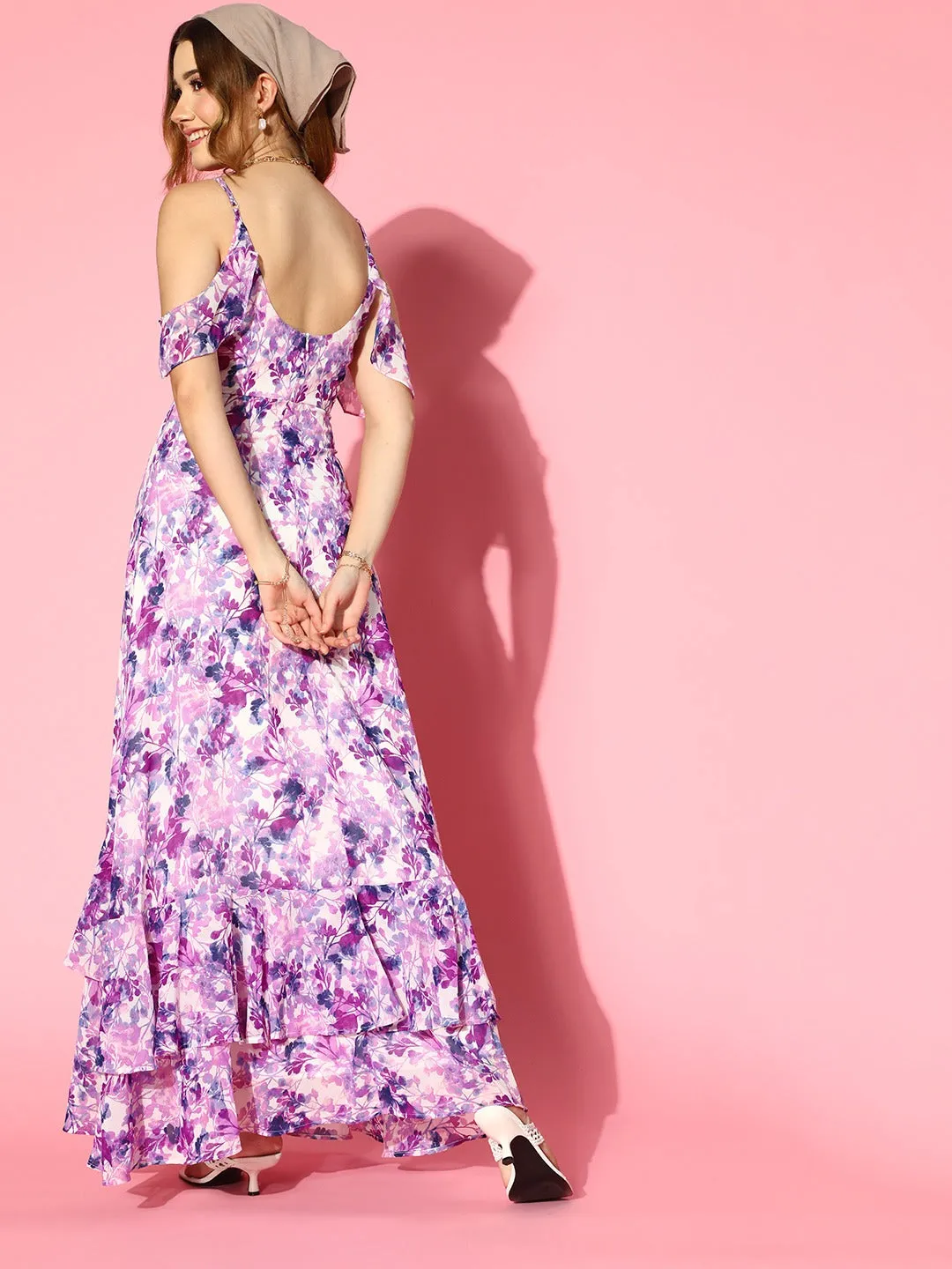 Berrylush Women White & Lavender Floral Printed V-Neck Cold-Shoulder Style-Back Tiered Maxi Dress