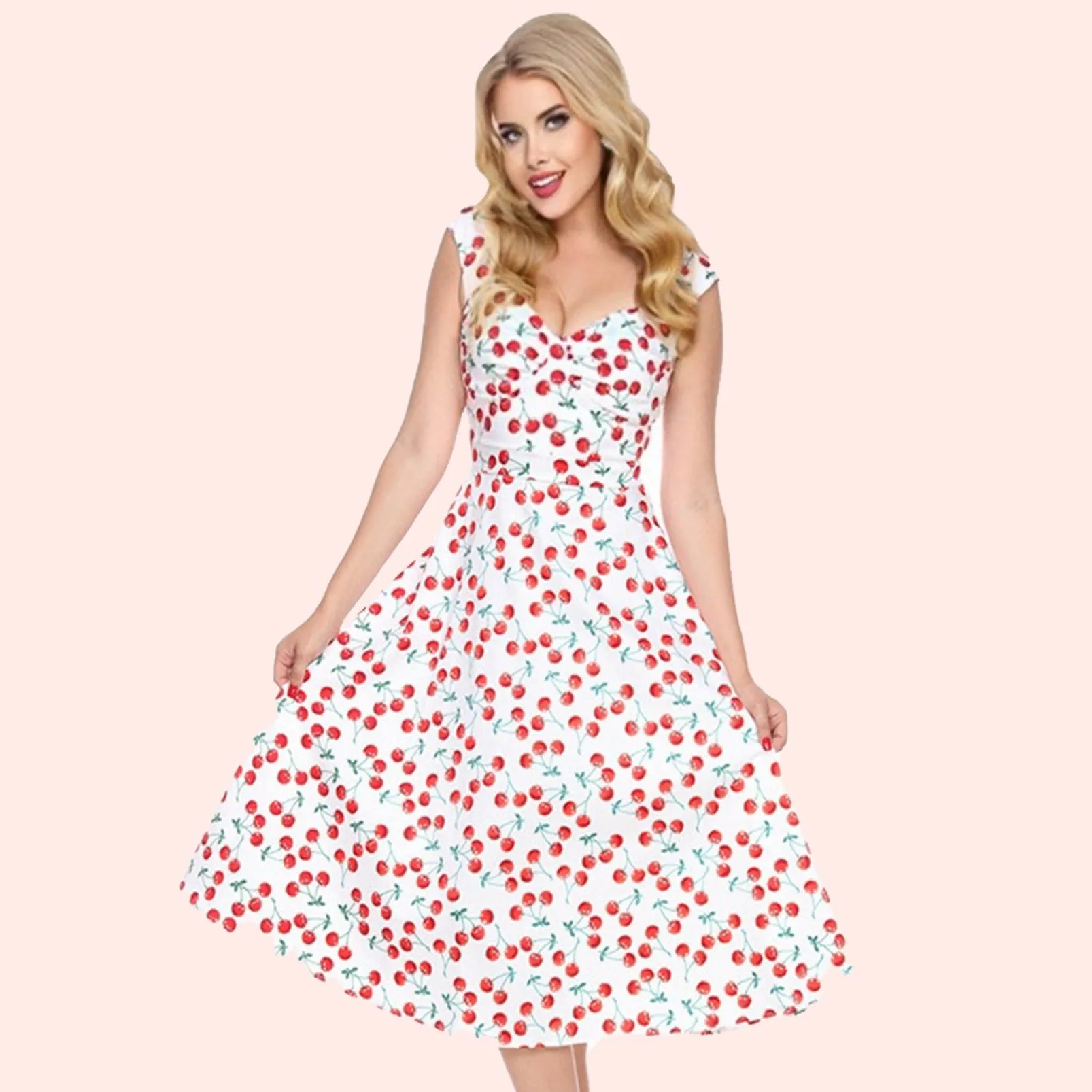 Bettie on Holiday Dress in White Cherries