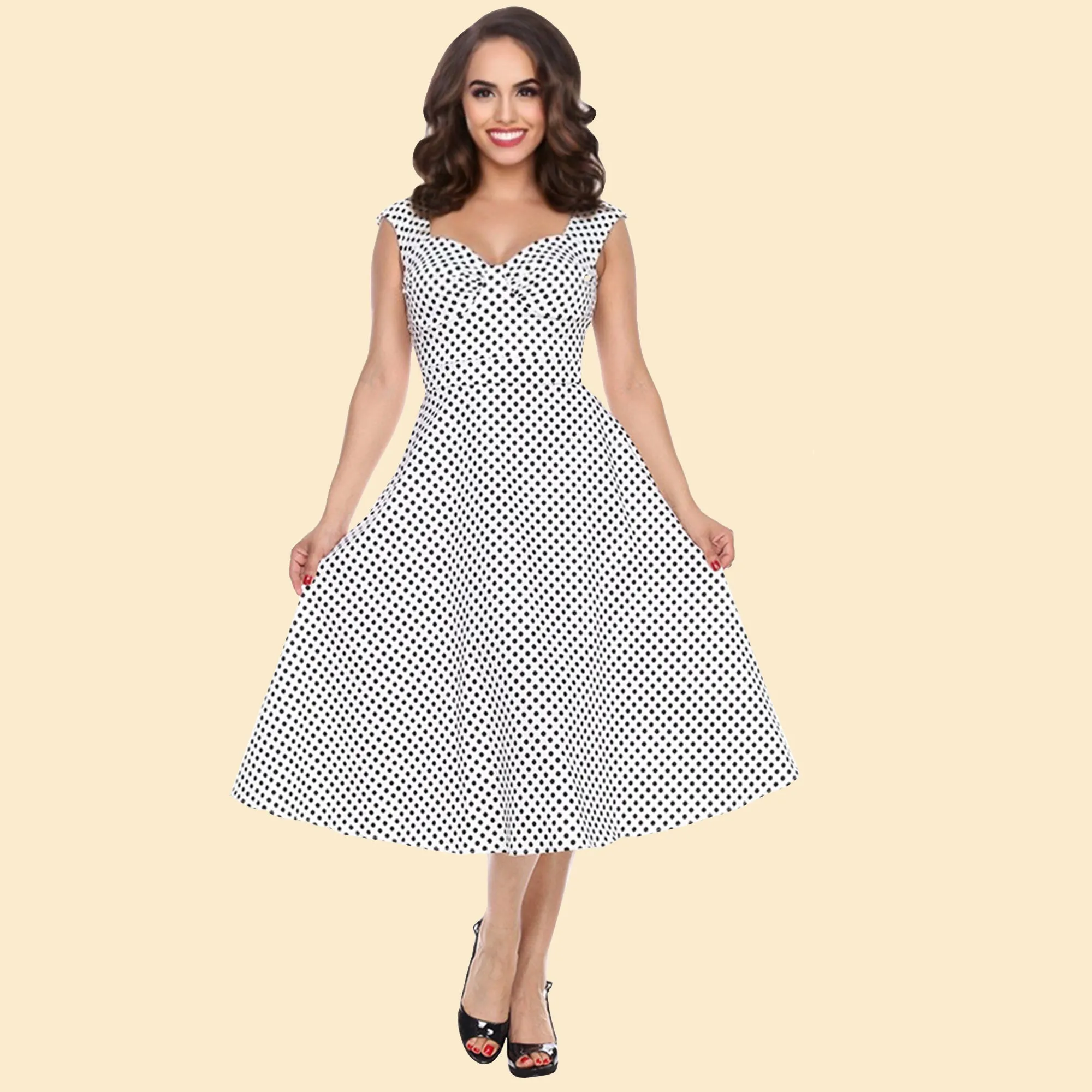 Bettie on Holiday Dress in White Polka Dot