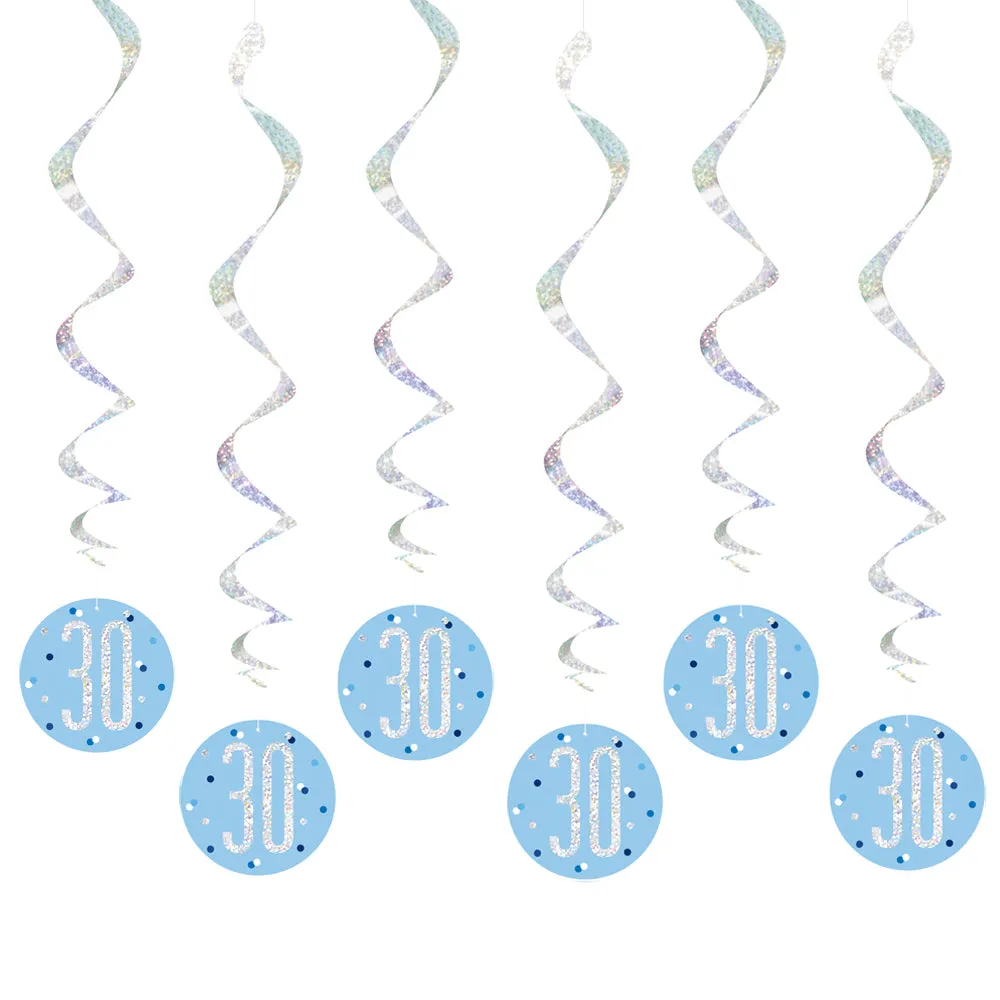 Birthday Glitz Blue 30th Hanging Swirl Decorations - 80cm - Pack of 6