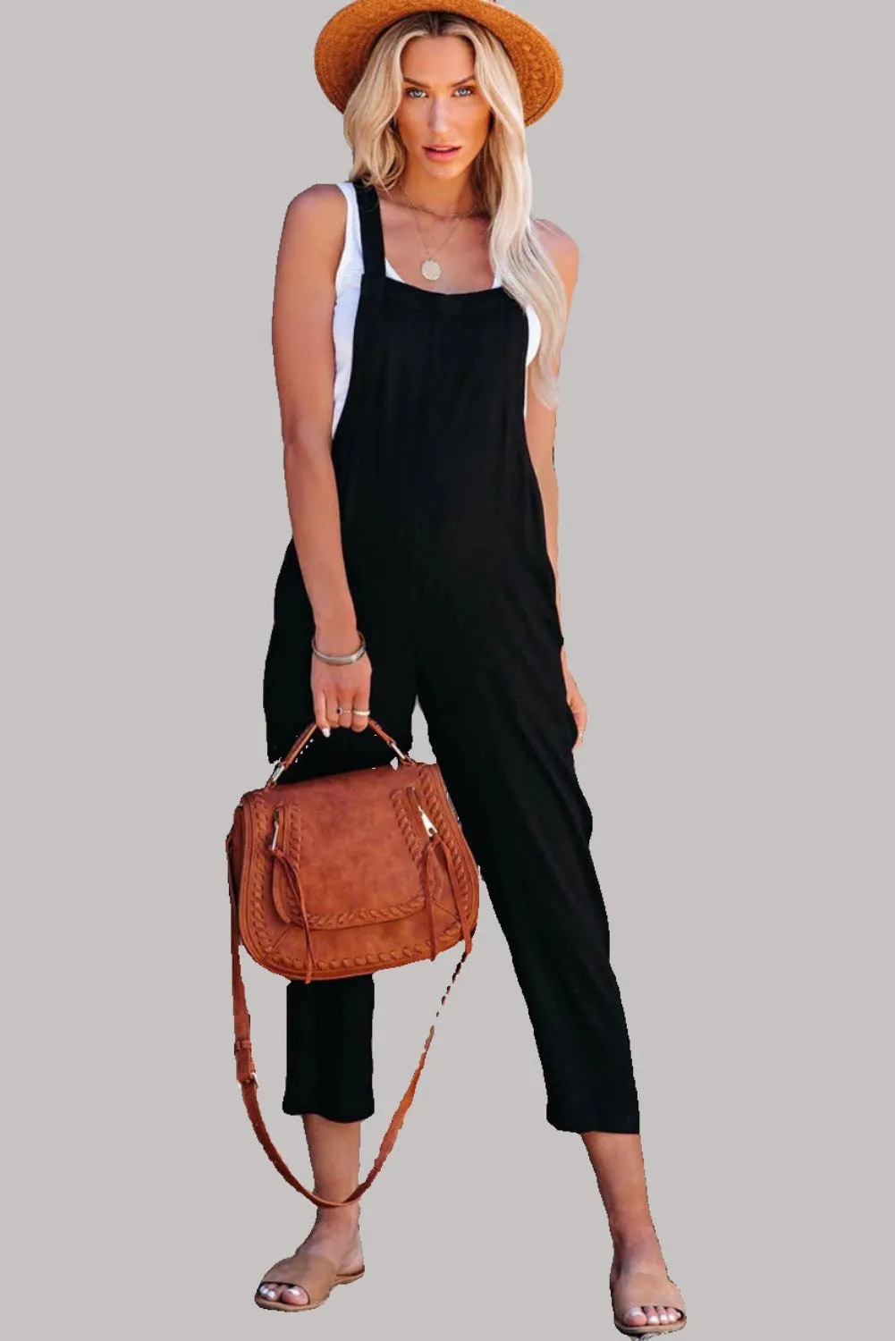 Black Casual Overall Jumpsuit with Adjustable Buckle Straps Cropped