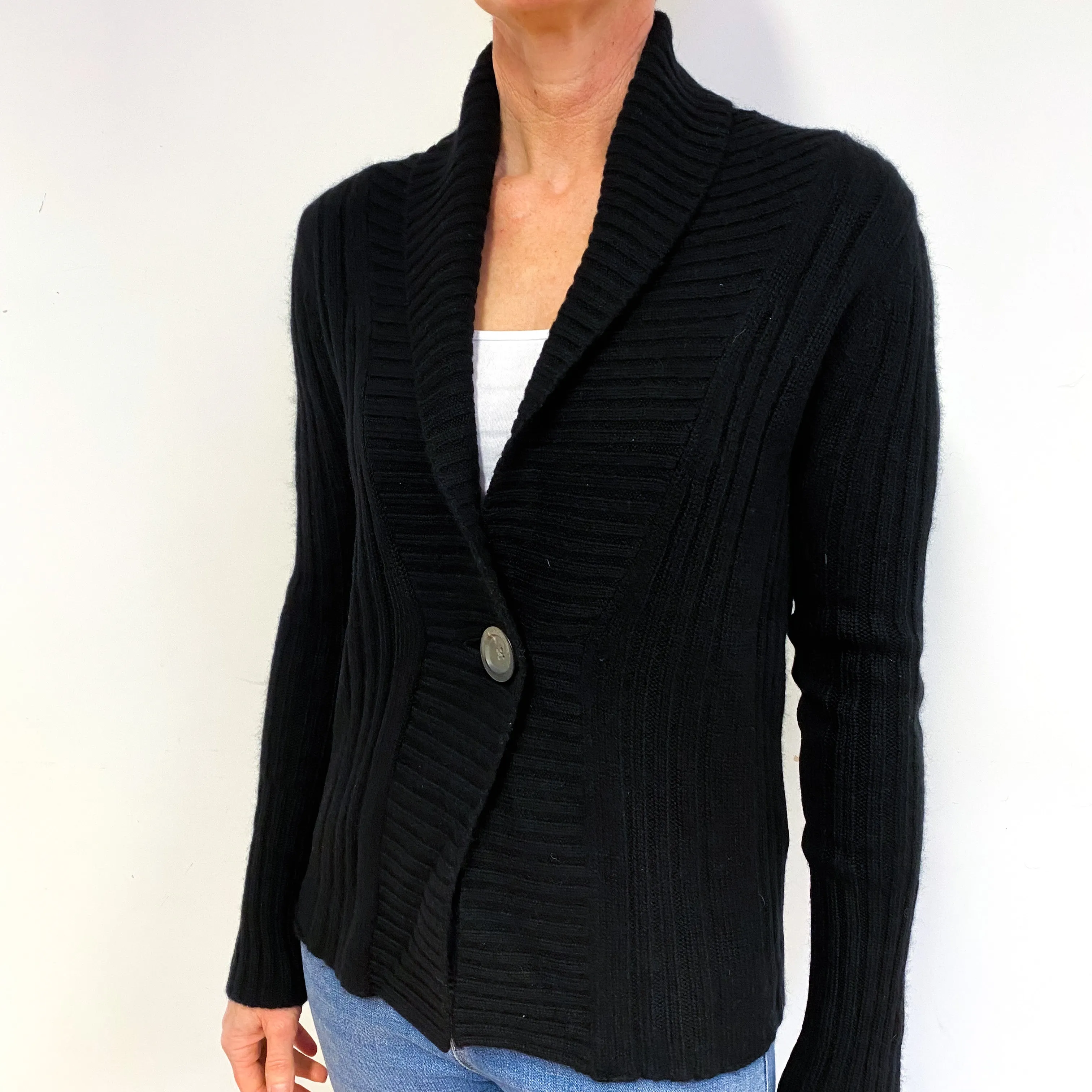 Black Chunky Ribbed Cashmere V-Neck Cardigan Medium