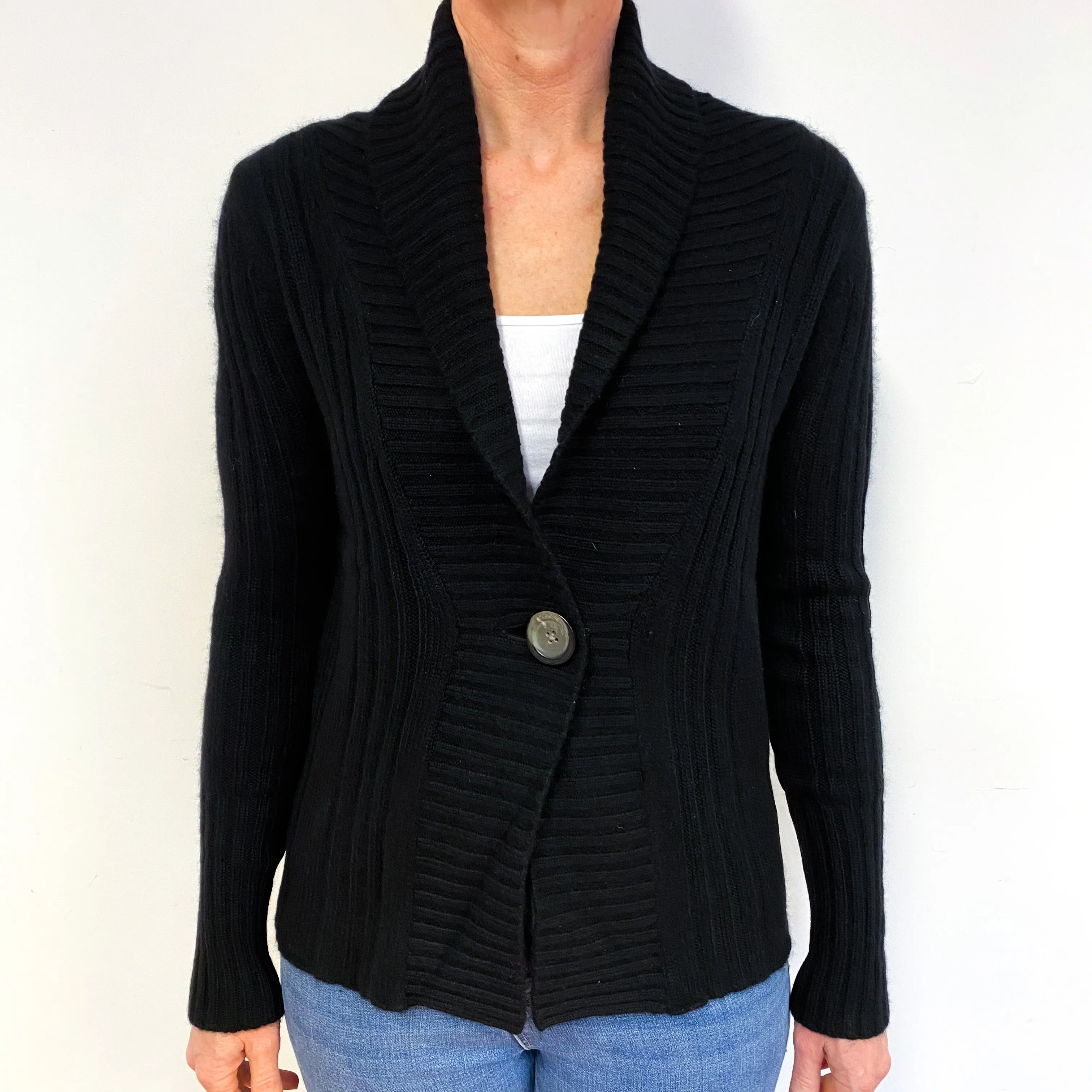 Black Chunky Ribbed Cashmere V-Neck Cardigan Medium