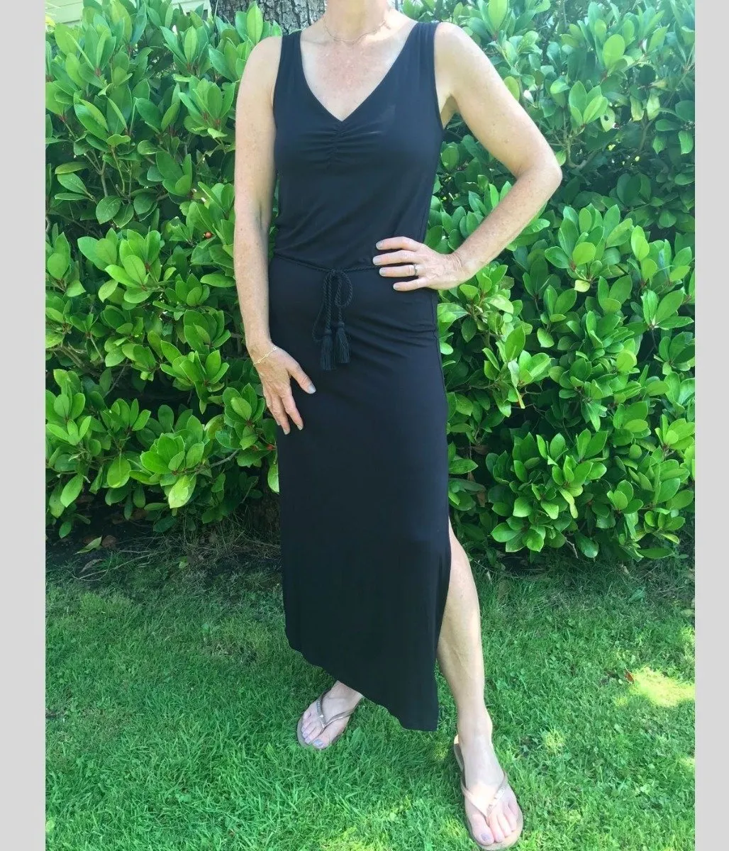 Black Jersey Ruched Front Maxi Dress