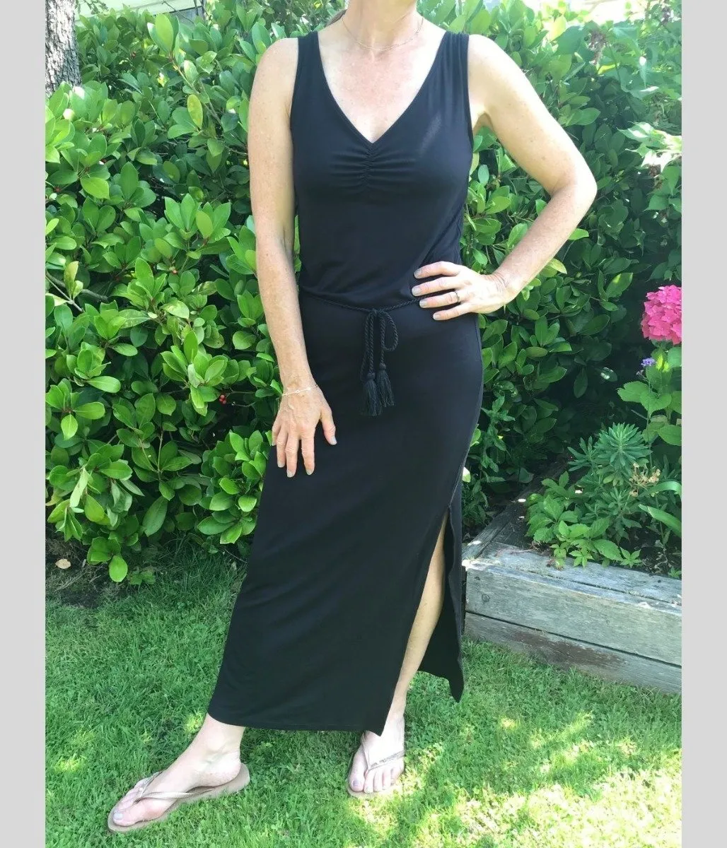 Black Jersey Ruched Front Maxi Dress