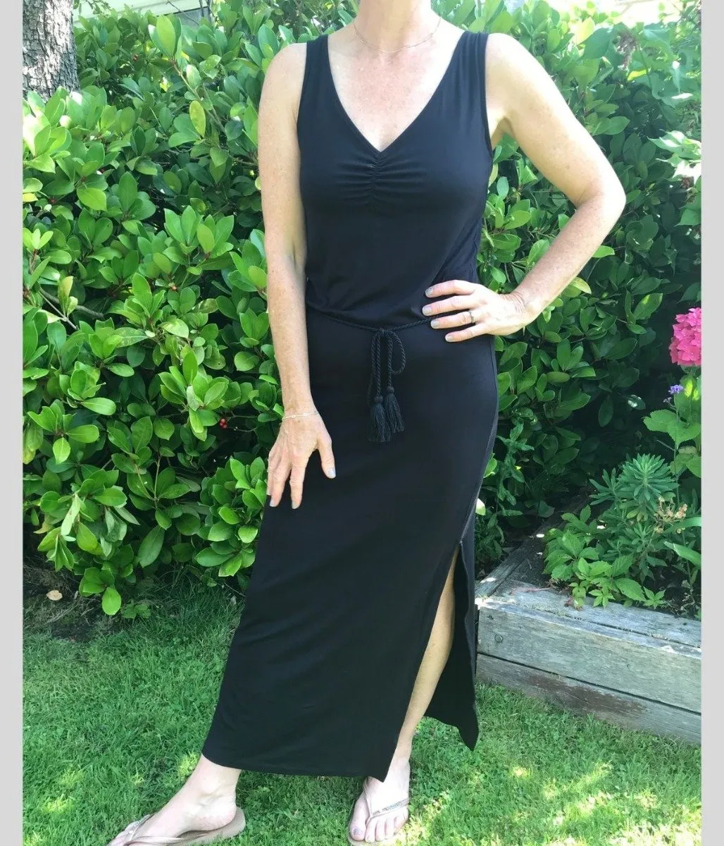 Black Jersey Ruched Front Maxi Dress