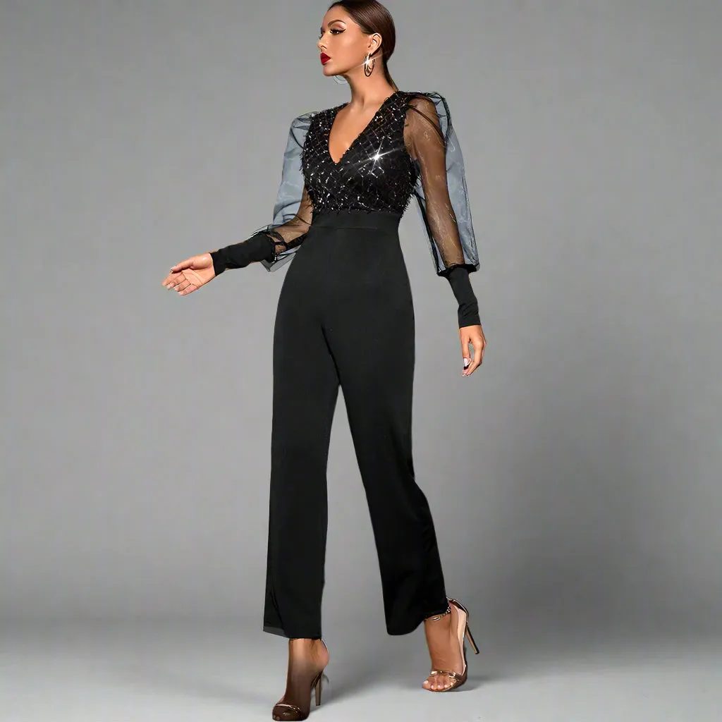 Black Mesh Long sleeve Sequin Bodycon Jumpsuit