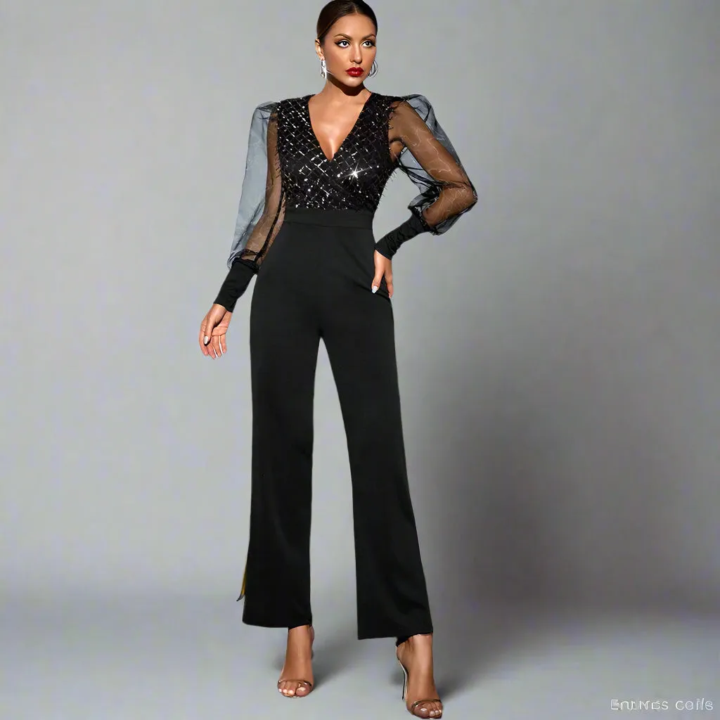 Black Mesh Long sleeve Sequin Bodycon Jumpsuit